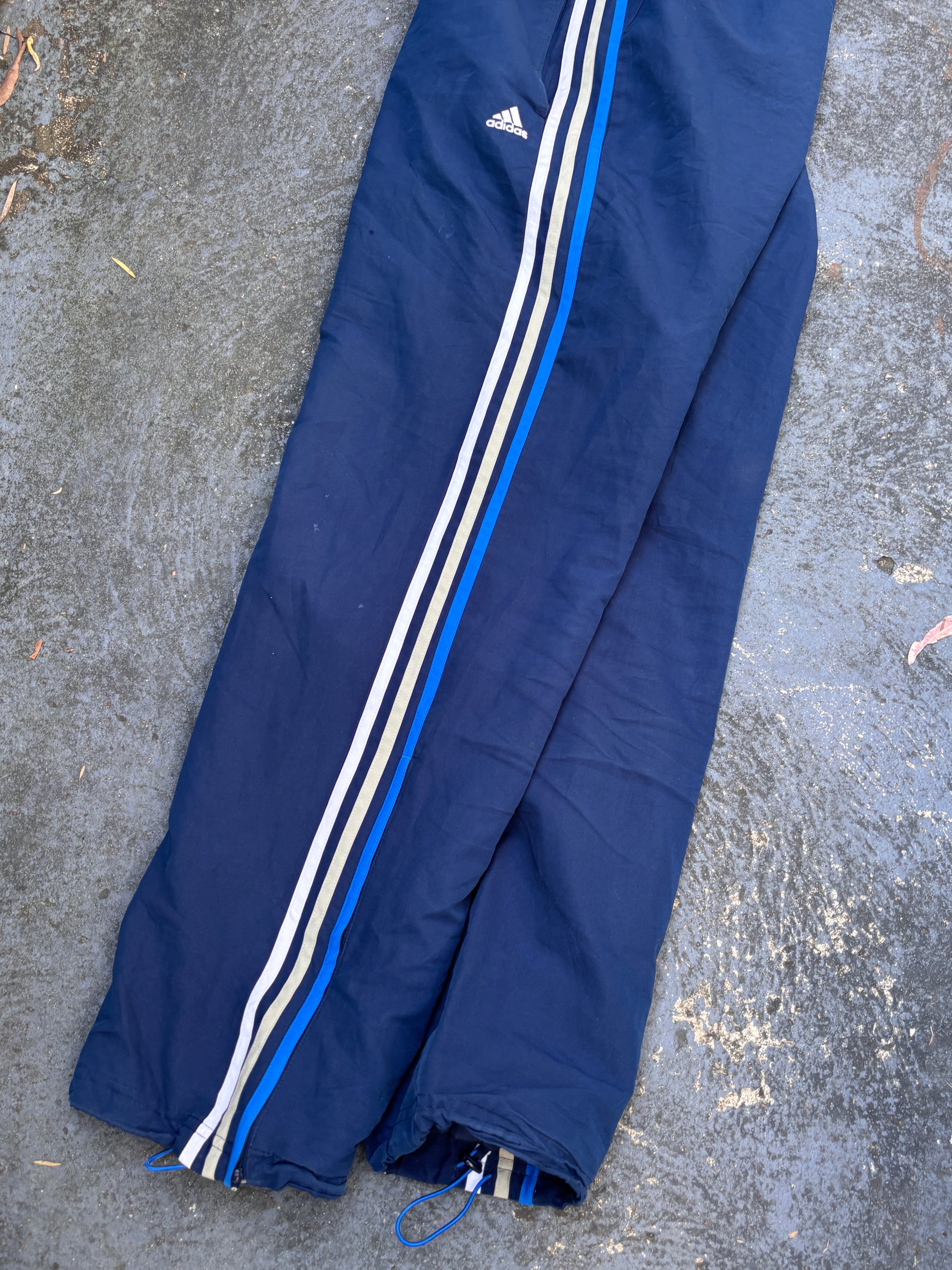 Adidas Track Pants Size L Navy Blue 3-Stripes Wide Leg Ankle Zip