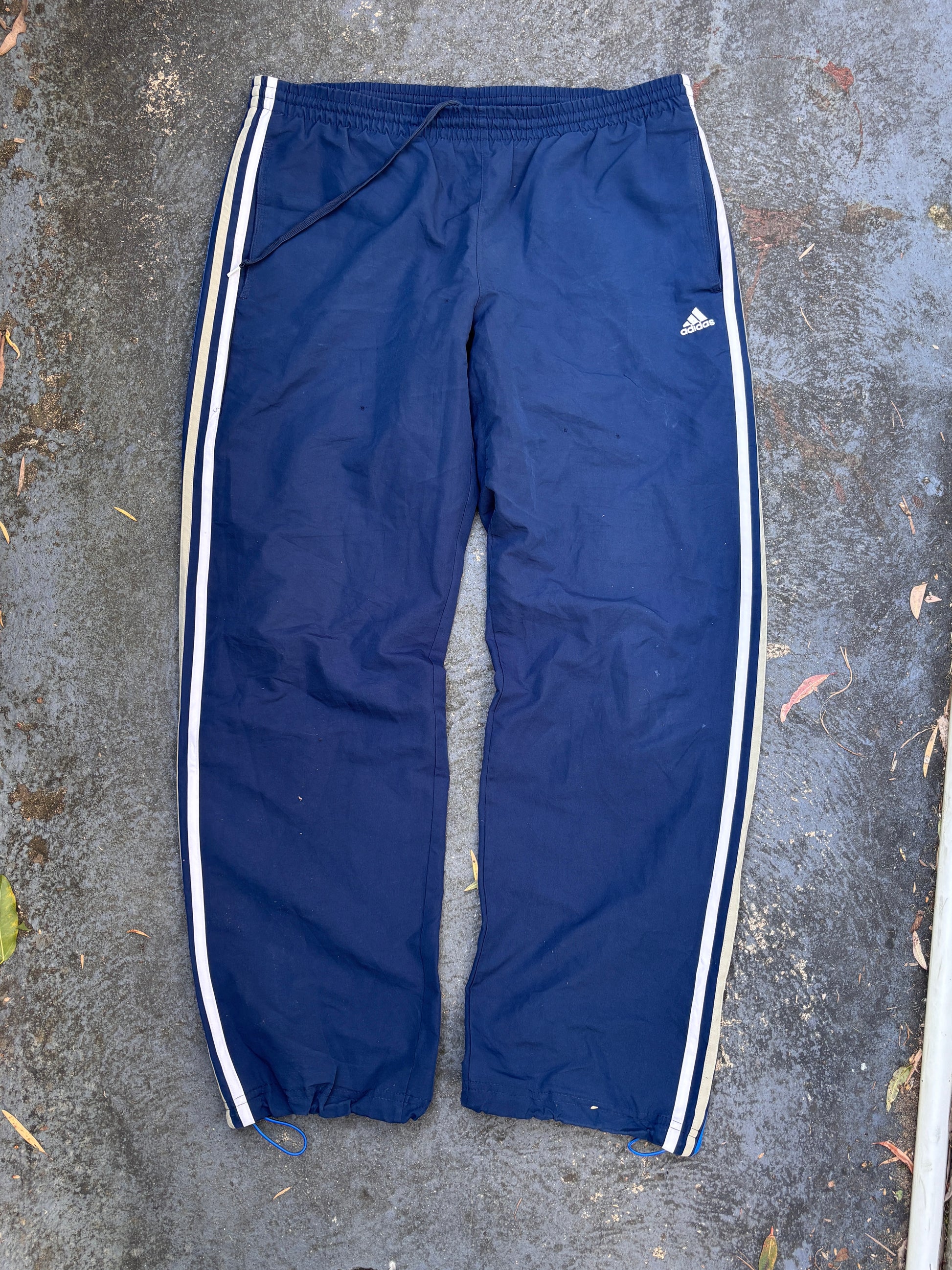 Adidas Track Pants Size L Navy Blue 3-Stripes Wide Leg Ankle Zip