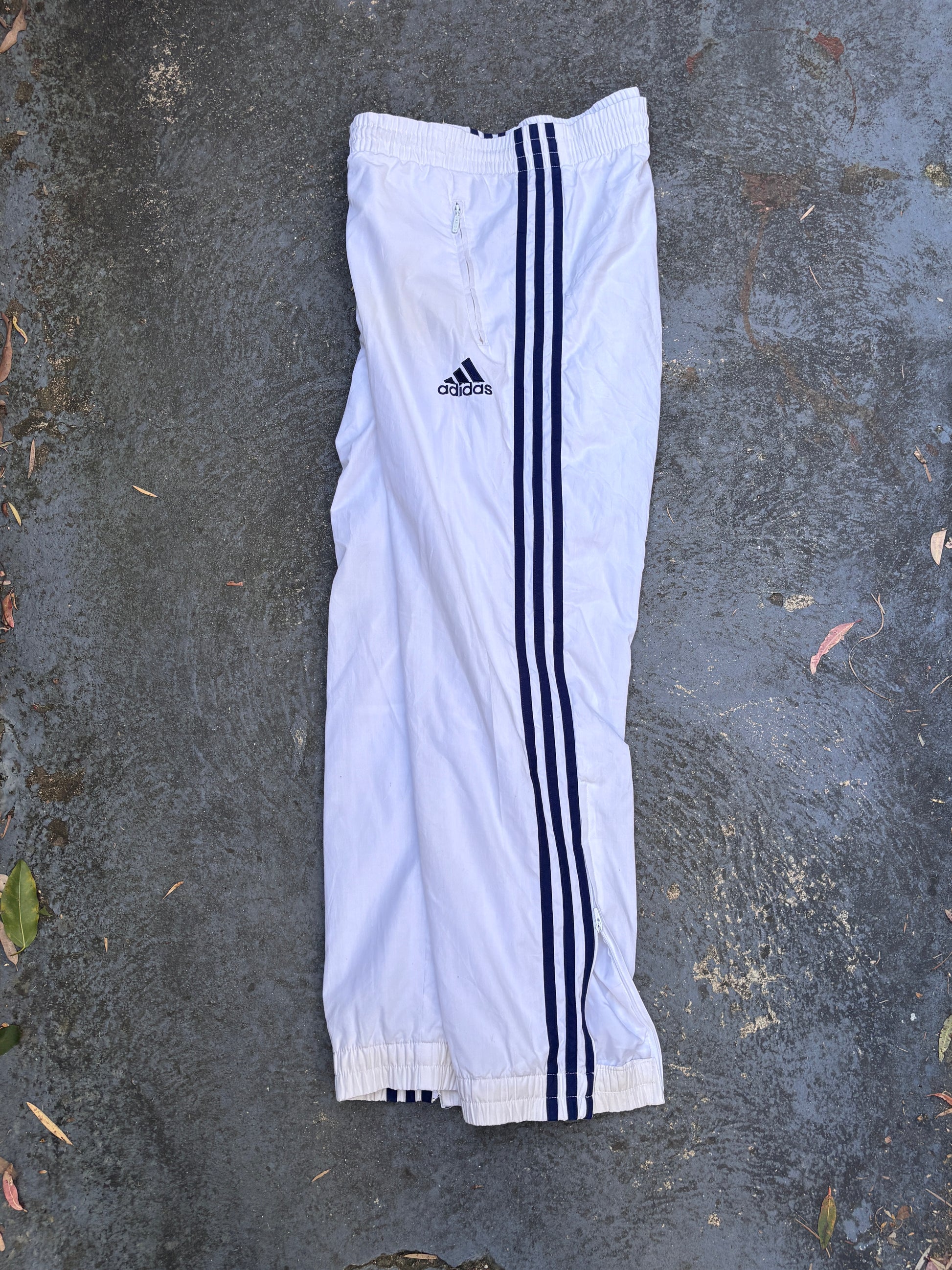 Vintage 90s Adidas Track Pants Size S White Blue Logo 3-Stripes Cuffed Ankle