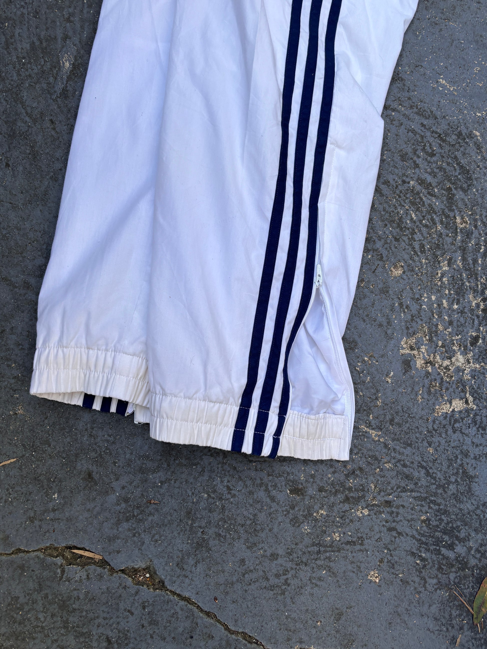 Vintage 90s Adidas Track Pants Size S White Blue Logo 3-Stripes Cuffed Ankle