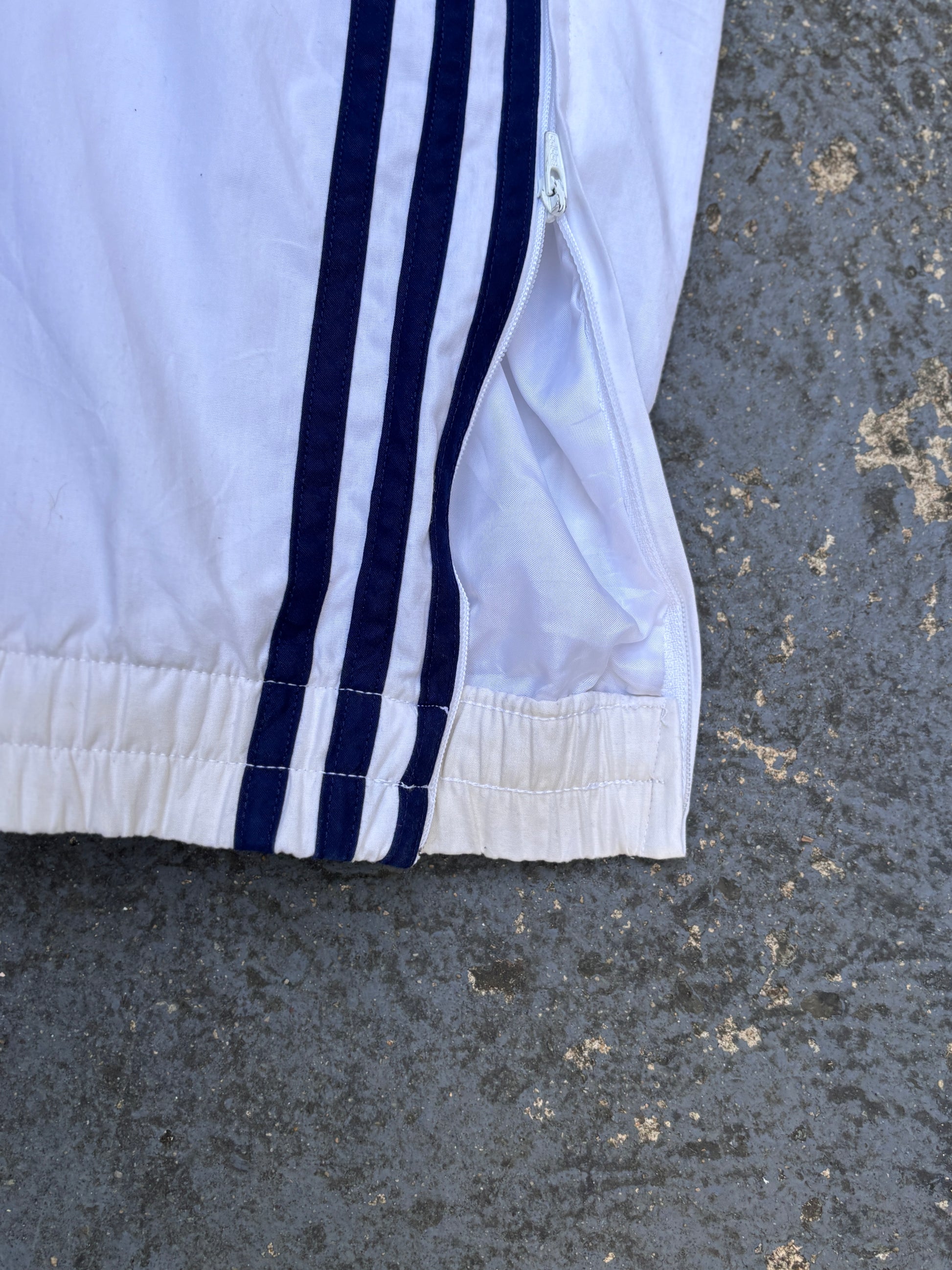 Vintage 90s Adidas Track Pants Size S White Blue Logo 3-Stripes Cuffed Ankle