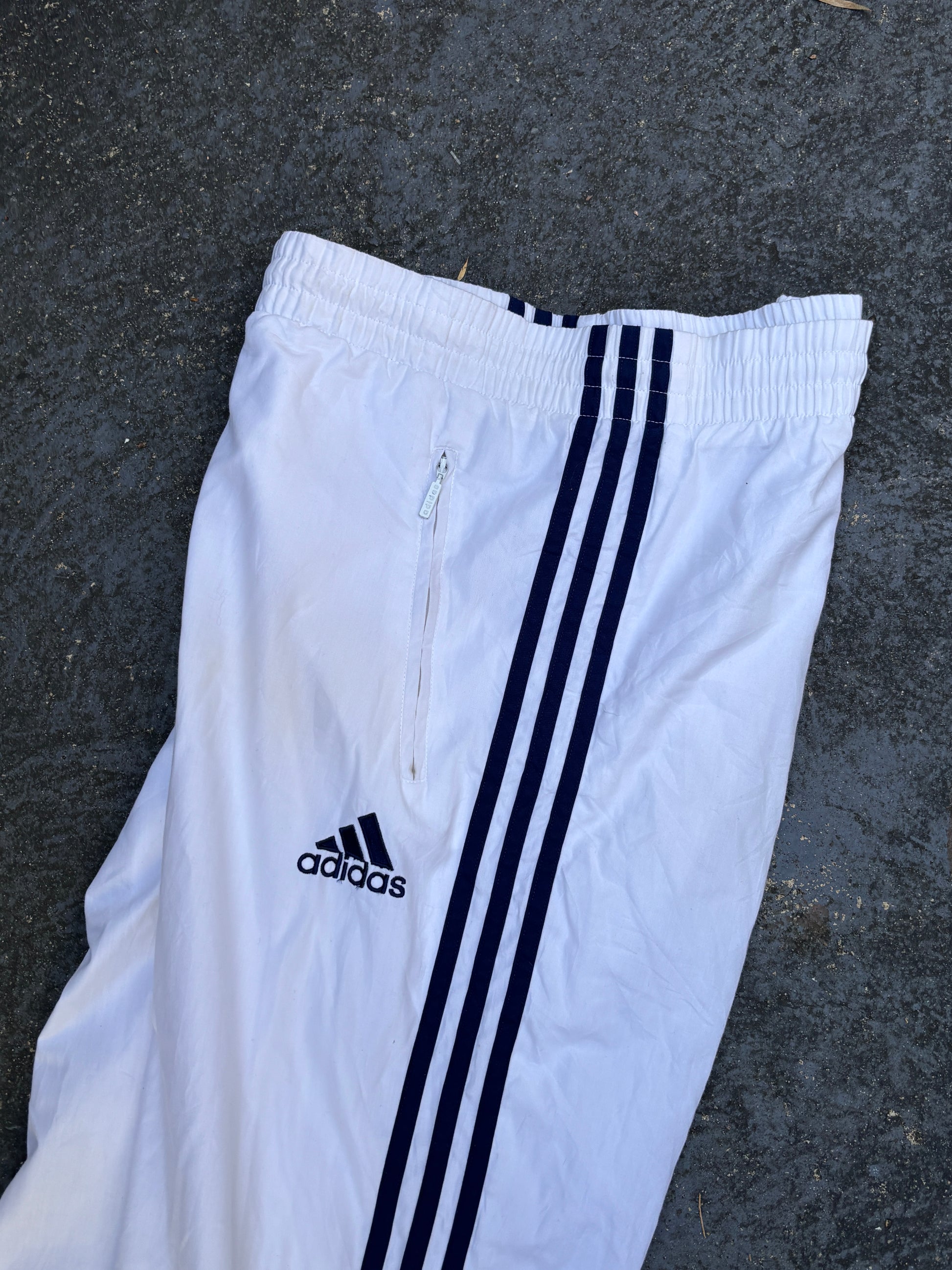 Vintage 90s Adidas Track Pants Size S White Blue Logo 3-Stripes Cuffed Ankle