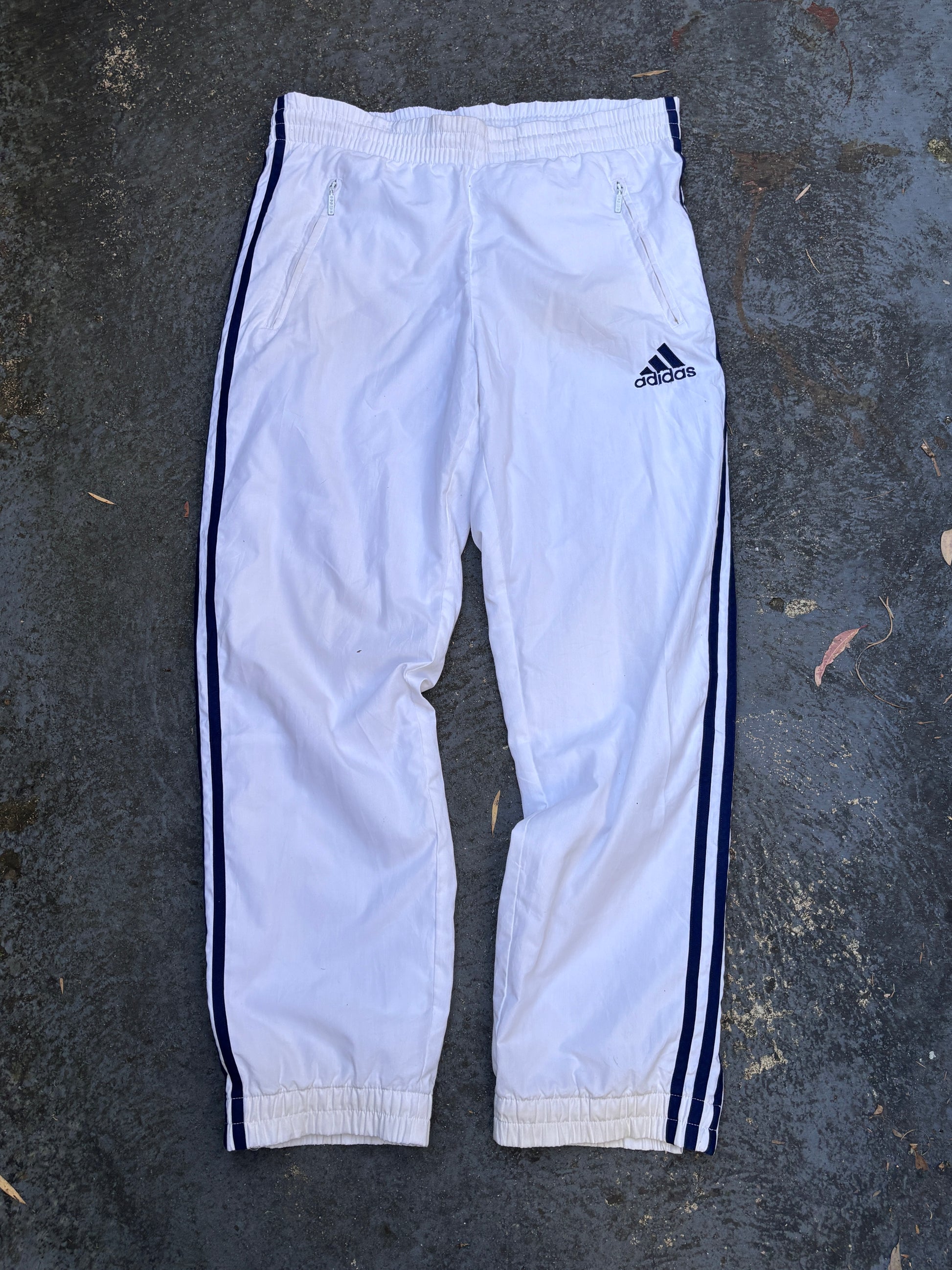 Vintage 90s Adidas Track Pants Size S White Blue Logo 3-Stripes Cuffed Ankle