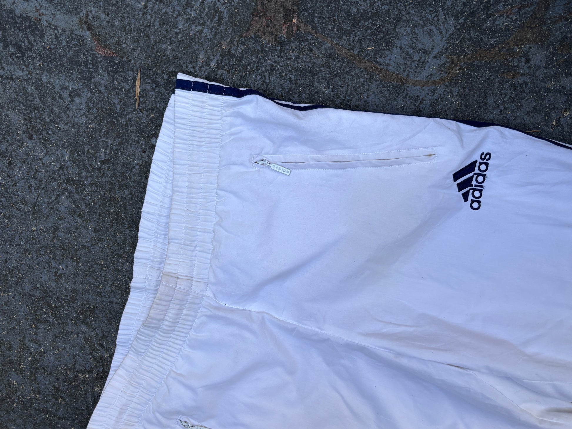 Vintage 90s Adidas Track Pants Size S White Blue Logo 3-Stripes Cuffed Ankle