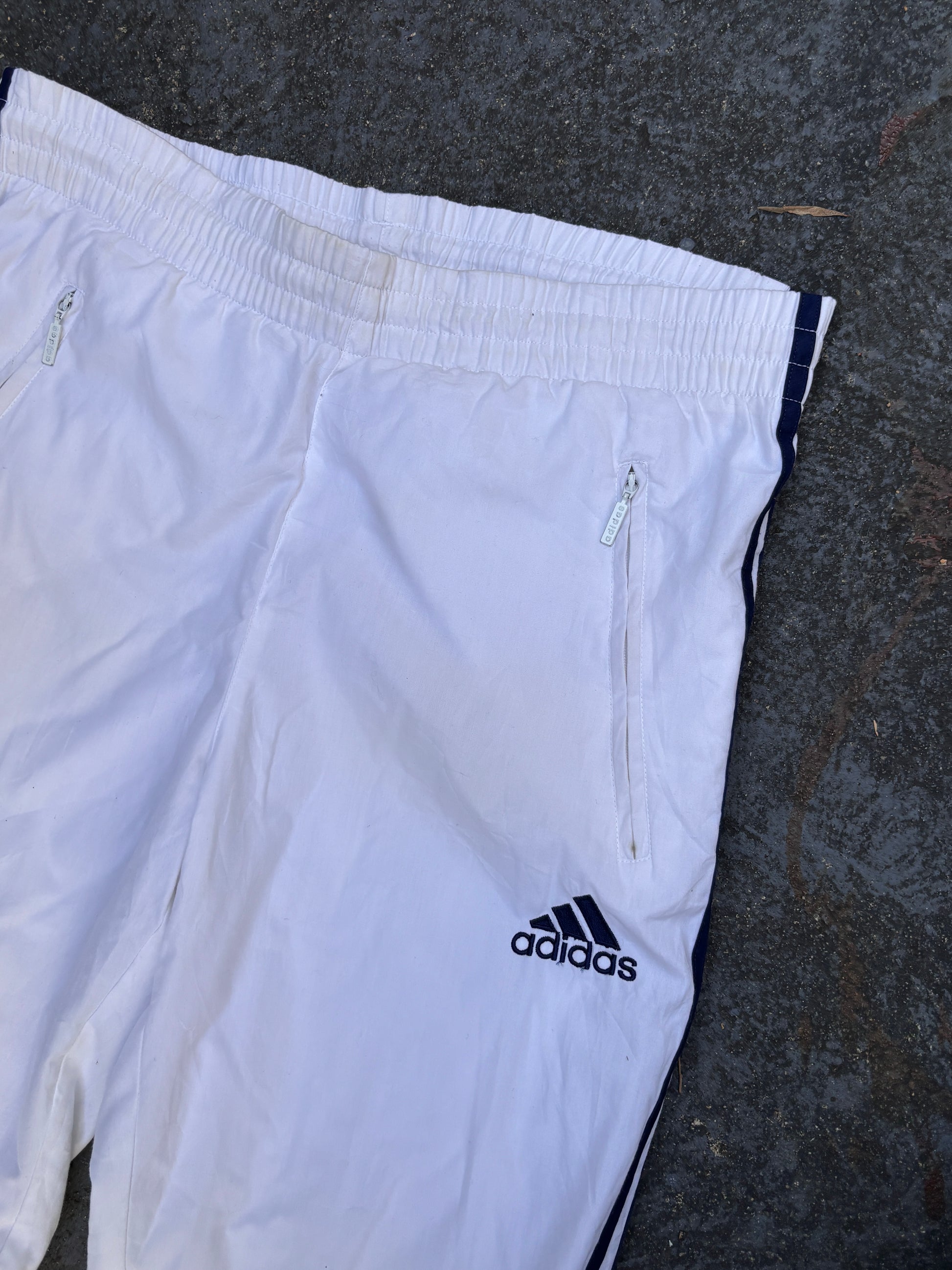 Vintage 90s Adidas Track Pants Size S White Blue Logo 3-Stripes Cuffed Ankle