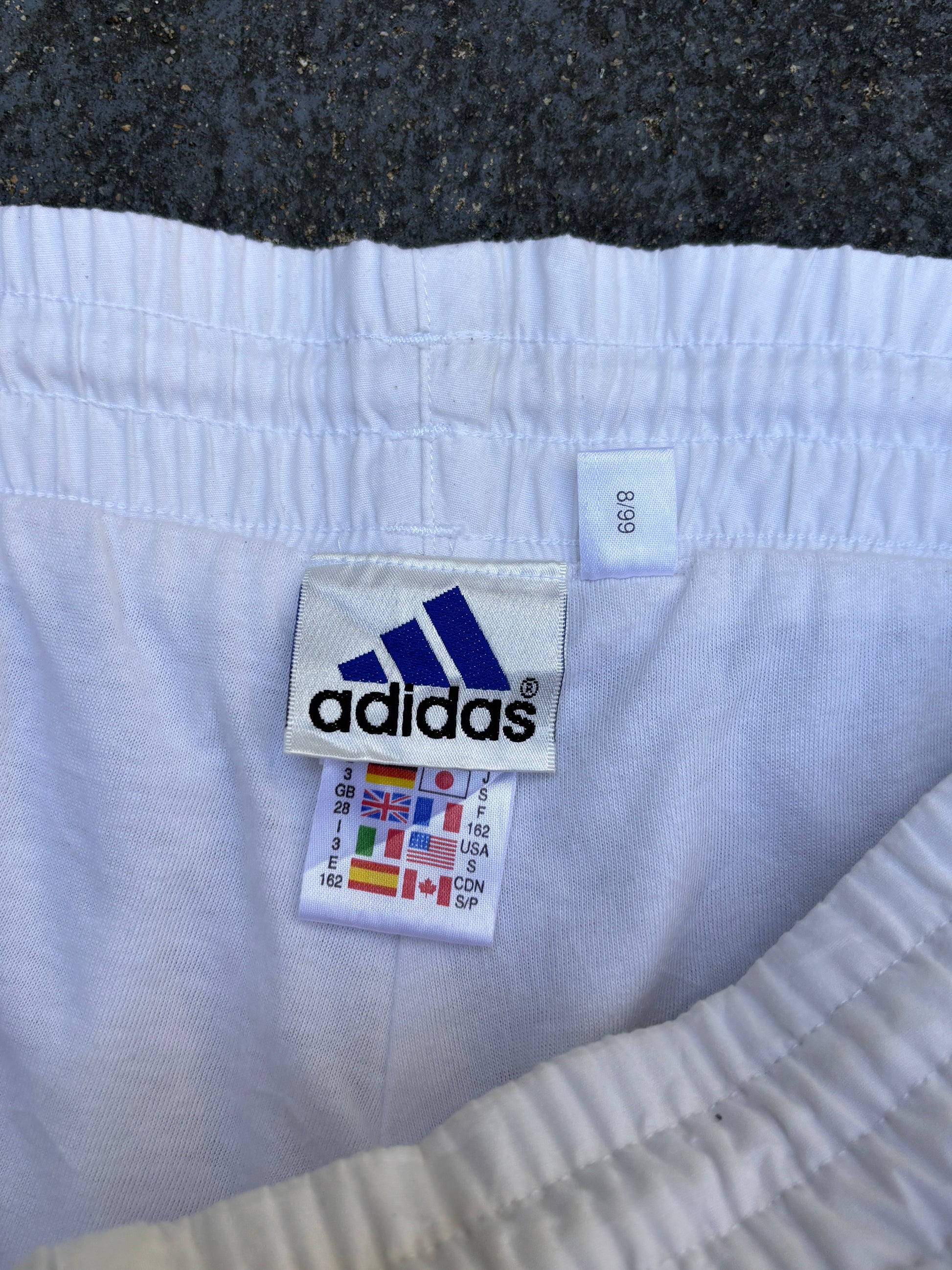 Vintage 90s Adidas Track Pants Size S White Blue Logo 3-Stripes Cuffed Ankle