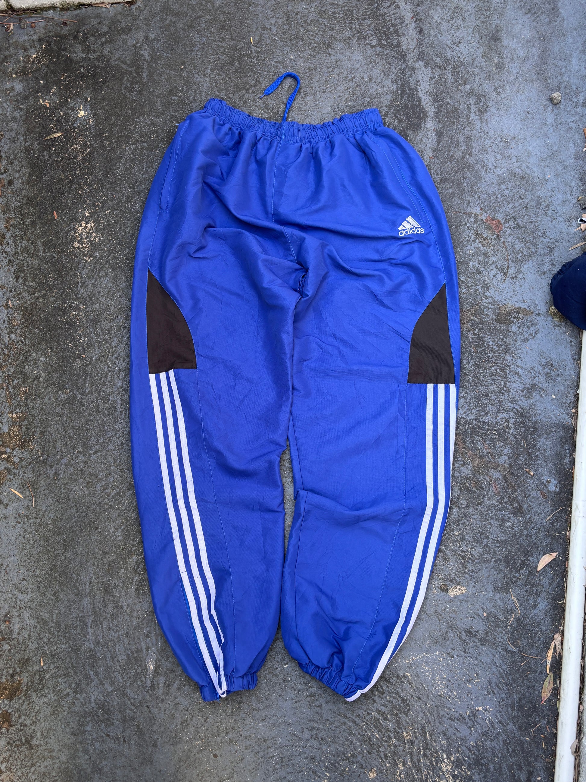 Vintage 90s Adidas Track Pants Size S Blue White Detail Wide Leg Cuffed Ankle