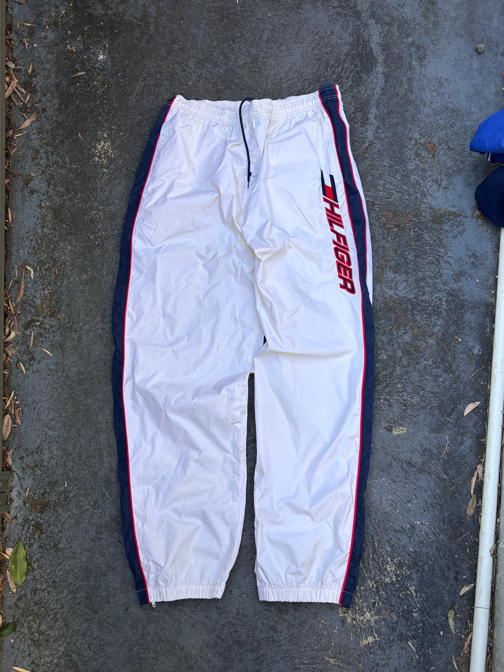Vintage 90s Tommy Hilfiger Athletics Track Pants Size L White Blue Red Spell Out Nylon Windbreaker