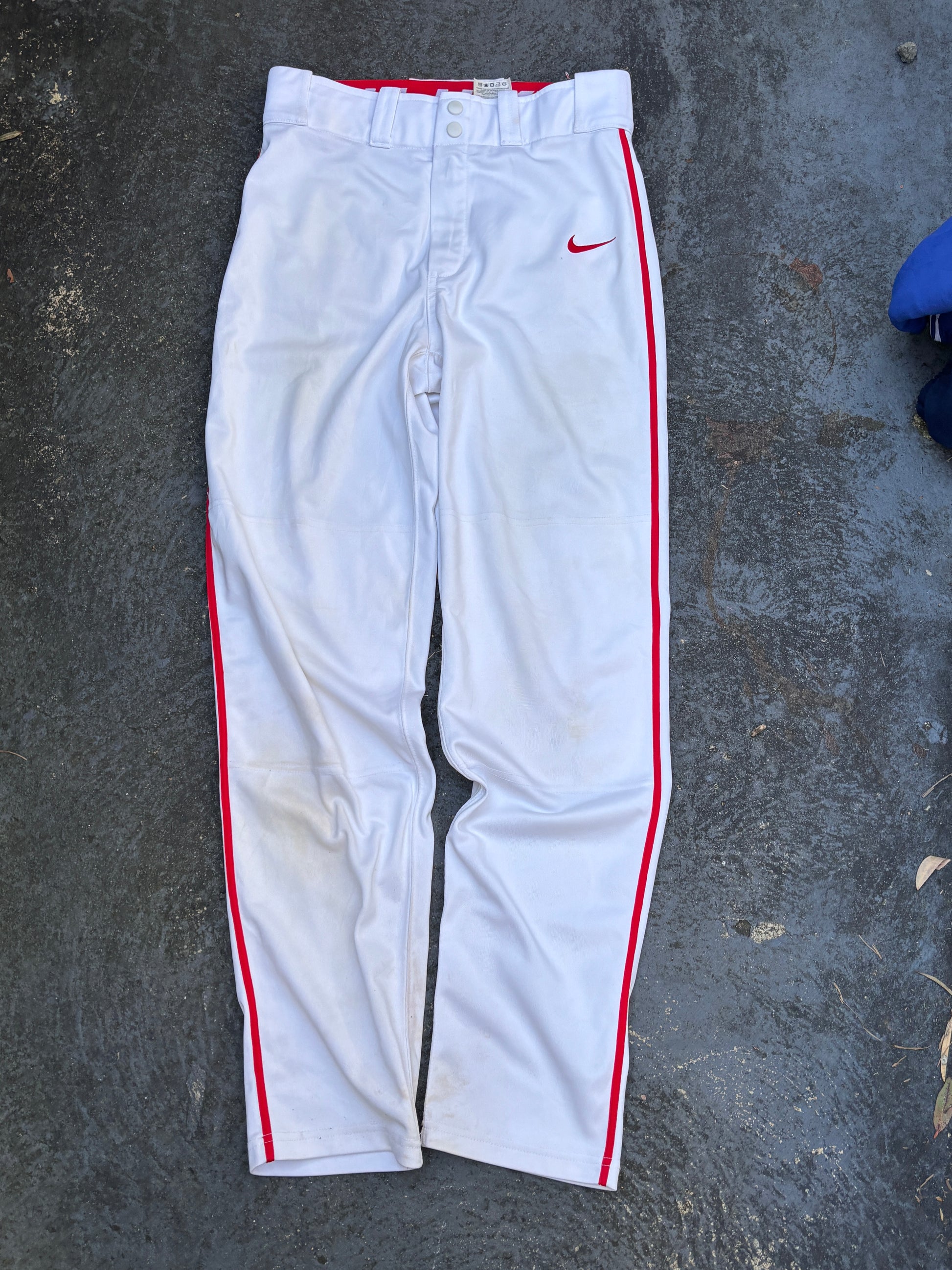 Nike Baseball Pants Size S White Red Detail Straight Leg Button Zip