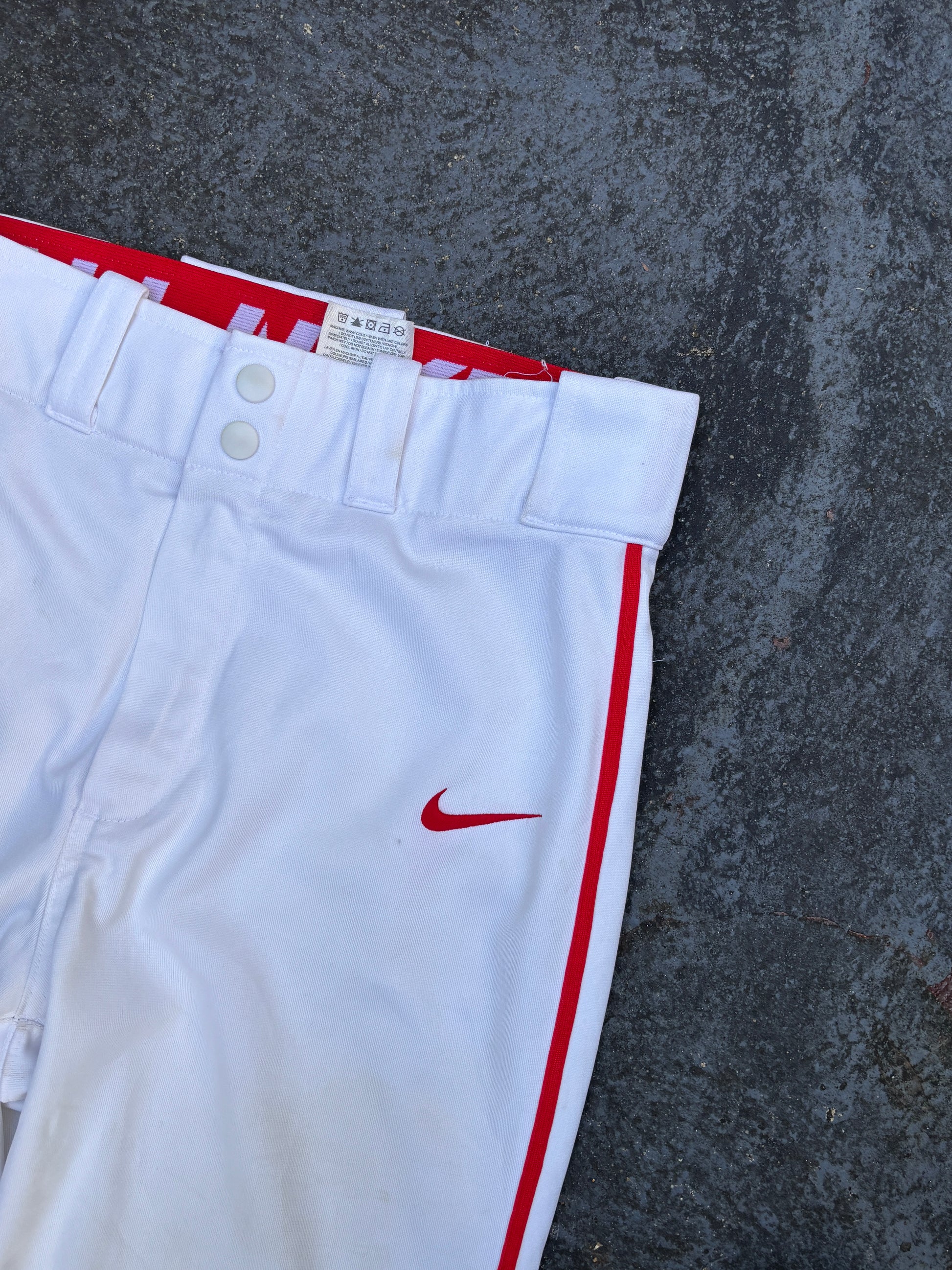 Nike Baseball Pants Size S White Red Detail Straight Leg Button Zip