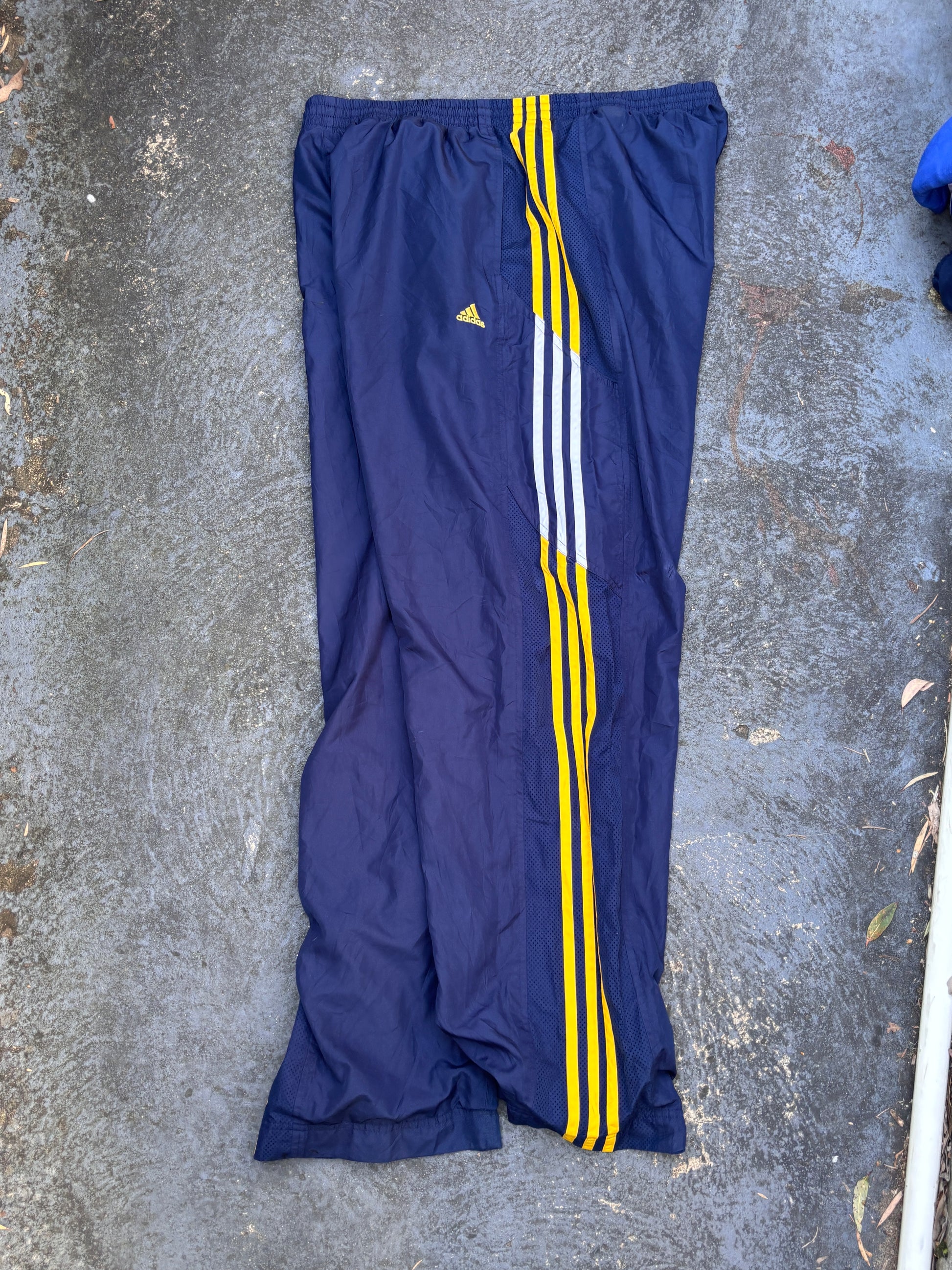 Vintage Y2K Adidas Track Pants Size XL Navy Yellow Logo Wide Leg Windbreaker