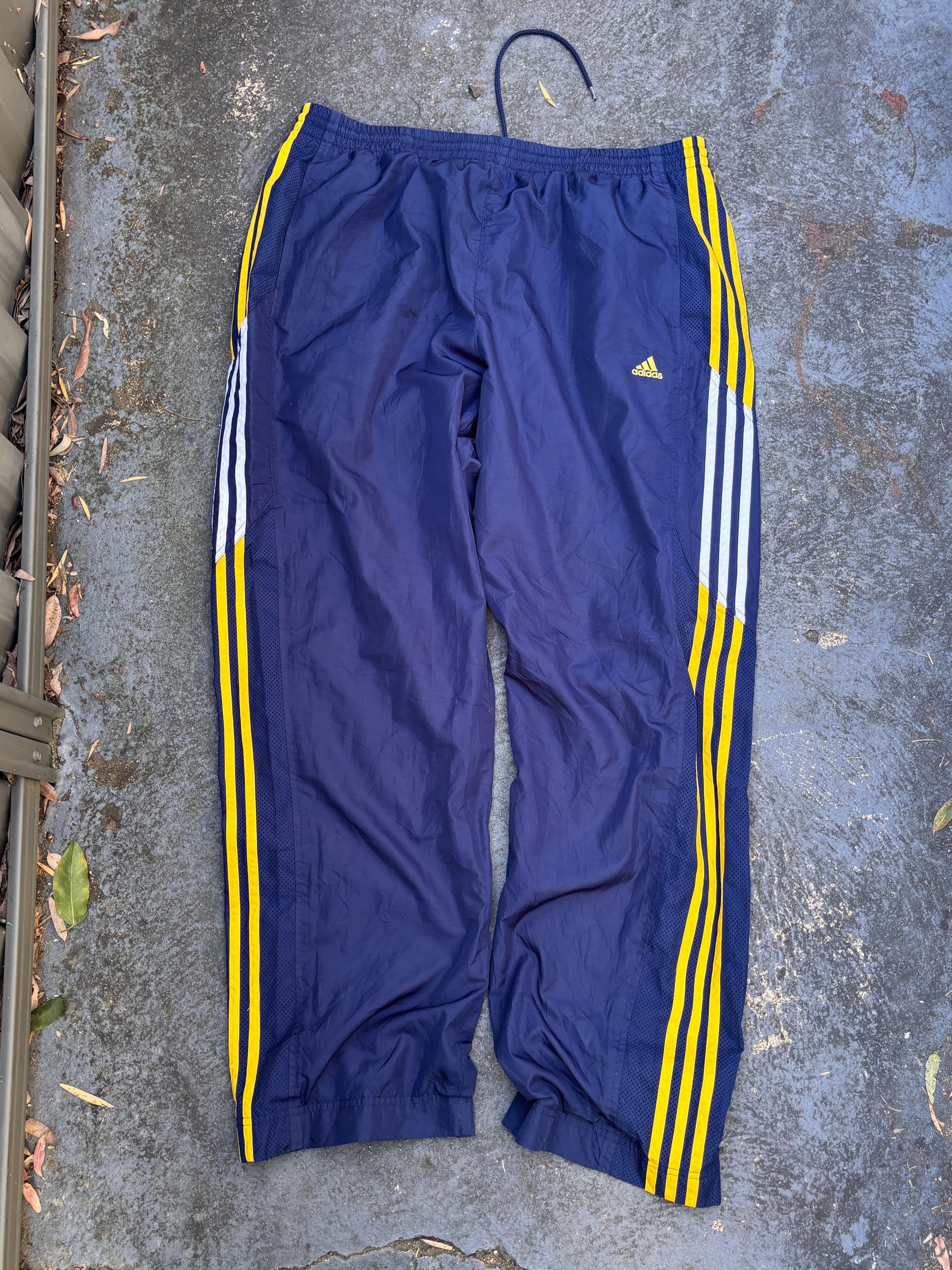 Vintage Y2K Adidas Track Pants Size XL Navy Yellow Logo Wide Leg Windbreaker