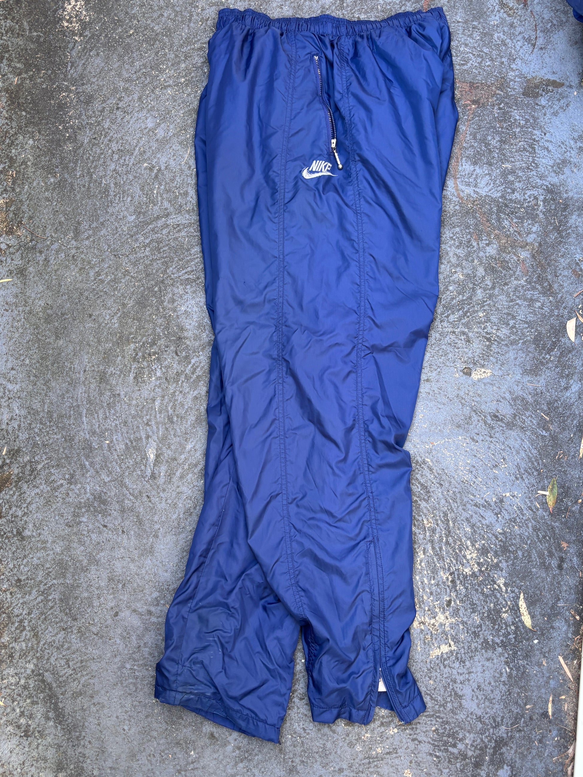Vintage 90s Nike Track Pants Size L Navy Embroidered Logo Wide Leg Ankle Zip