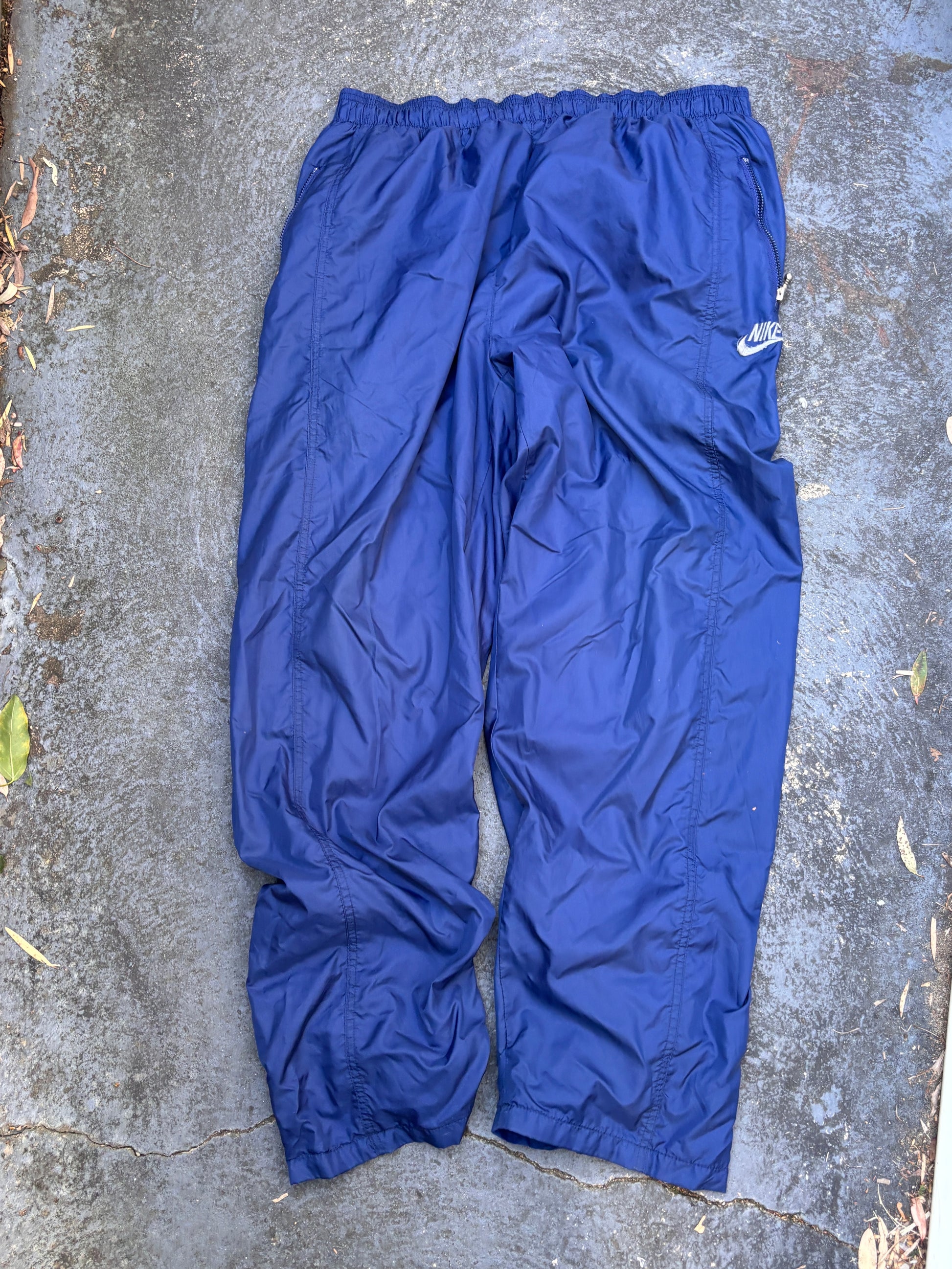 Vintage 90s Nike Track Pants Size L Navy Embroidered Logo Wide Leg Ankle Zip