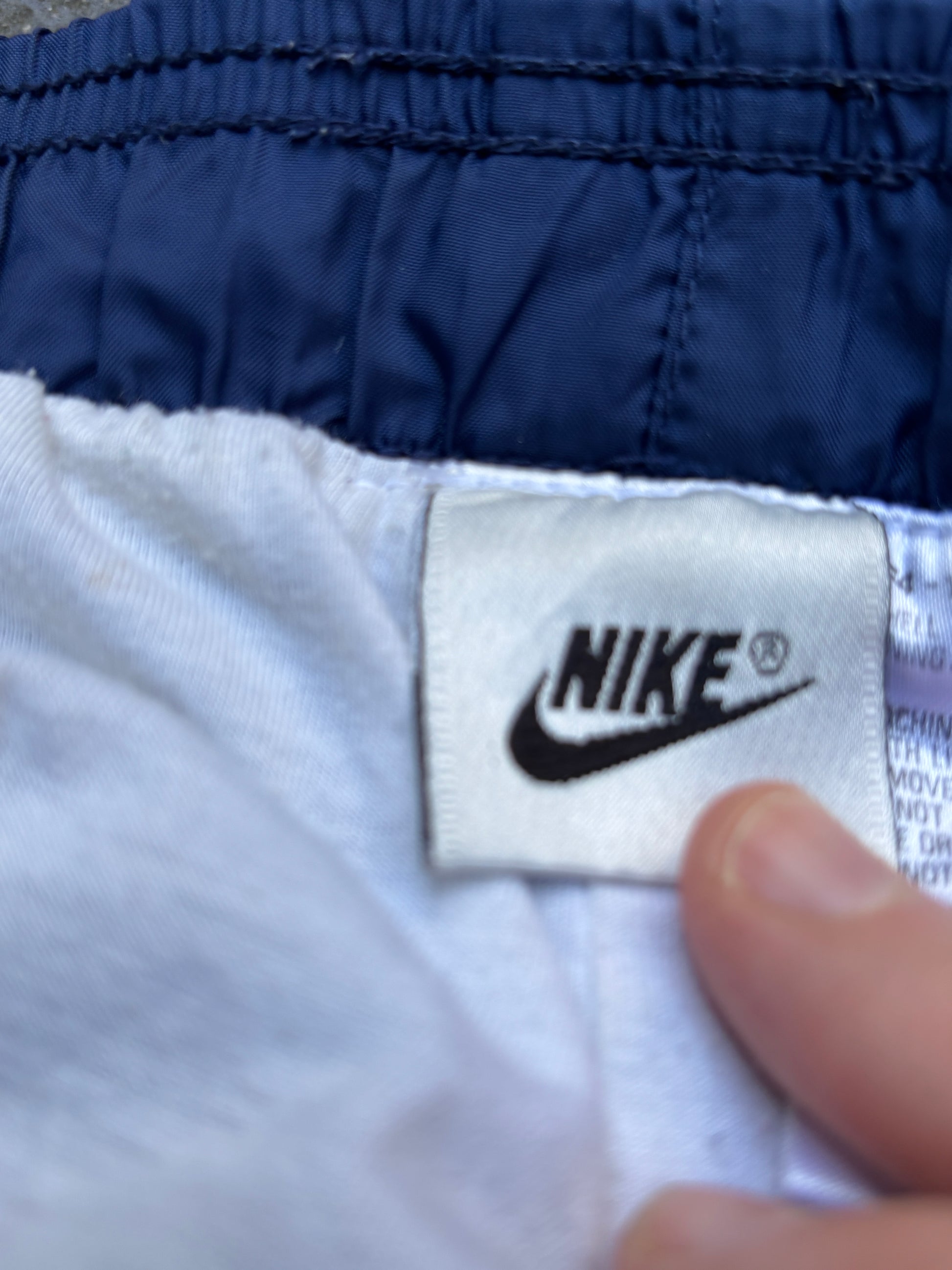 Vintage 90s Nike Track Pants Size L Navy Embroidered Logo Wide Leg Ankle Zip