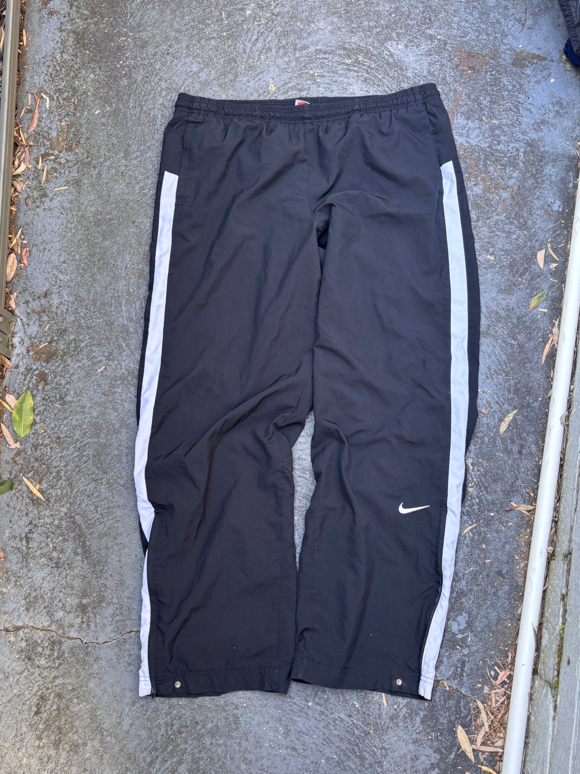 Vintage Y2K Nike Track Pants Size L Black White Detail Wide Leg Ankle Zip