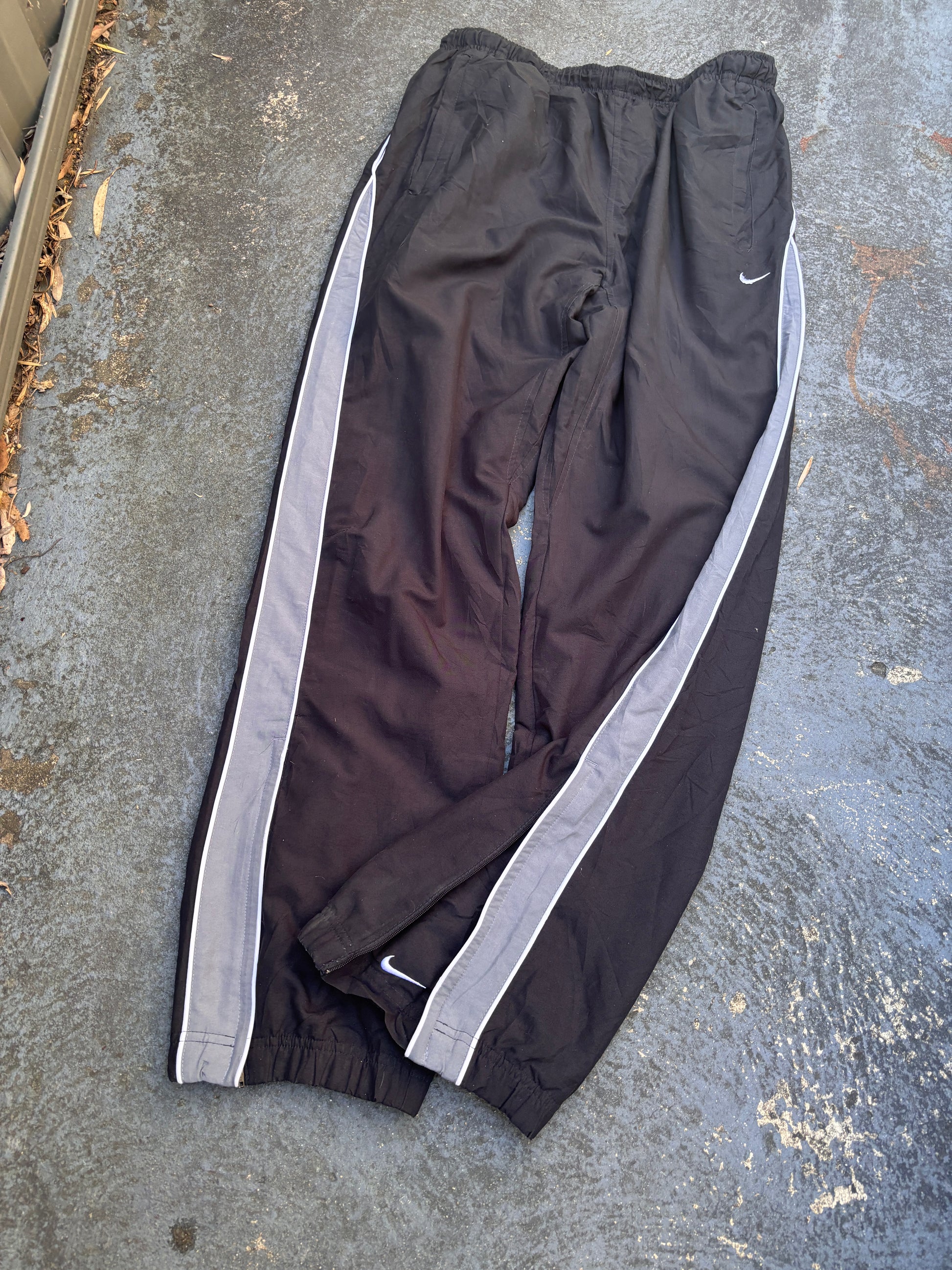 Vintage Y2K Nike Track Pants Size L Black Grey White Detail Wide Leg Ankle Zip