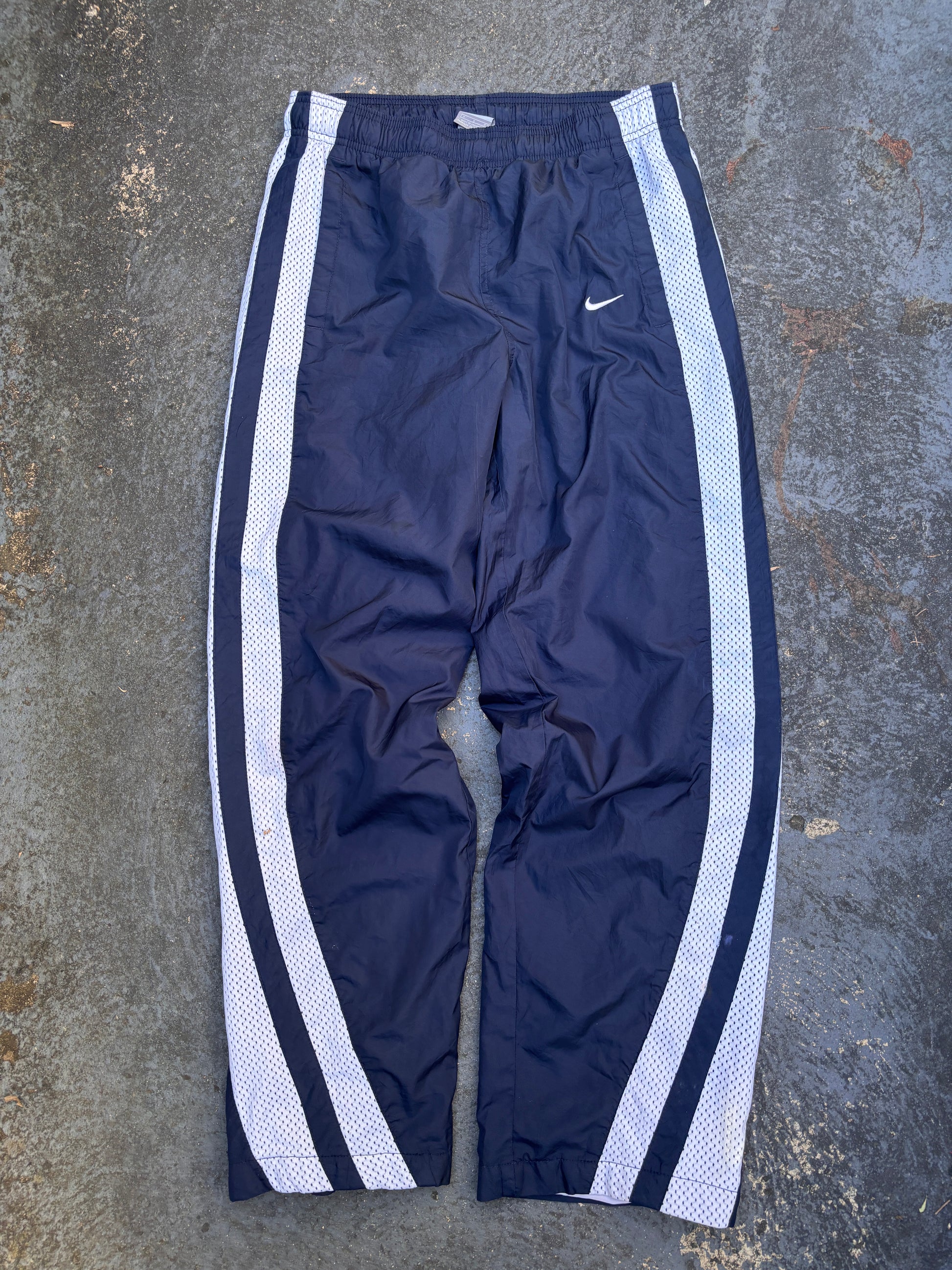 Vintage Y2K Nike Track Pants Size M Navy White Mesh Panels Wide Leg Windbreakers