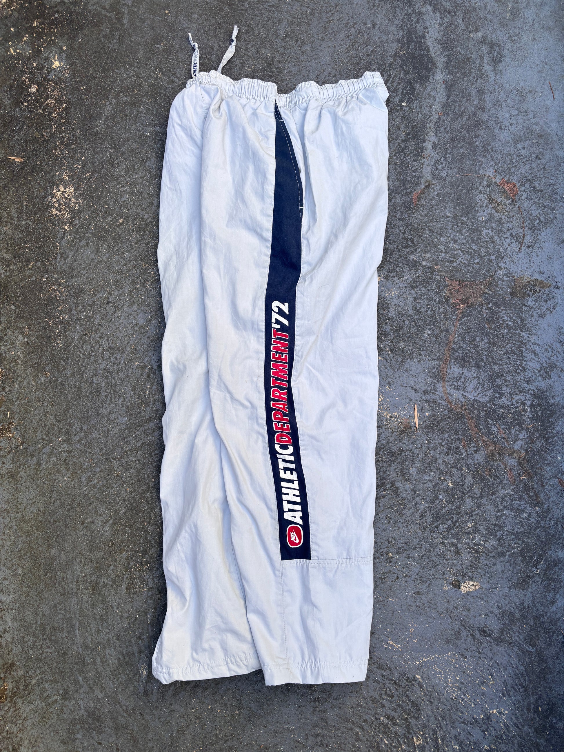 Vintage Y2K Nike Track Pants Size S Grey Navy Side Detail Spell Out Athletics 72 Wide Leg