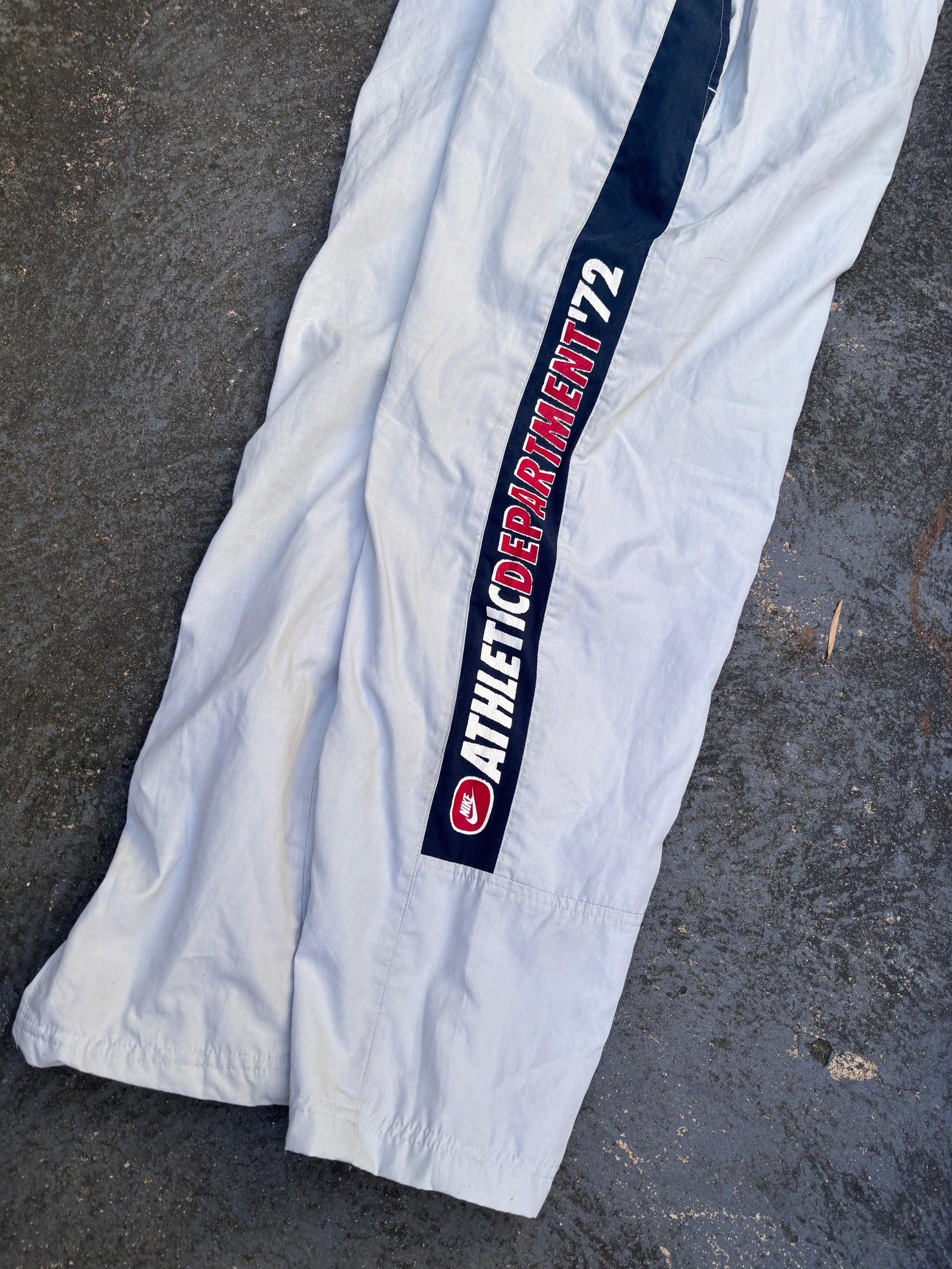 Vintage Y2K Nike Track Pants Size S Grey Navy Side Detail Spell Out Athletics 72 Wide Leg