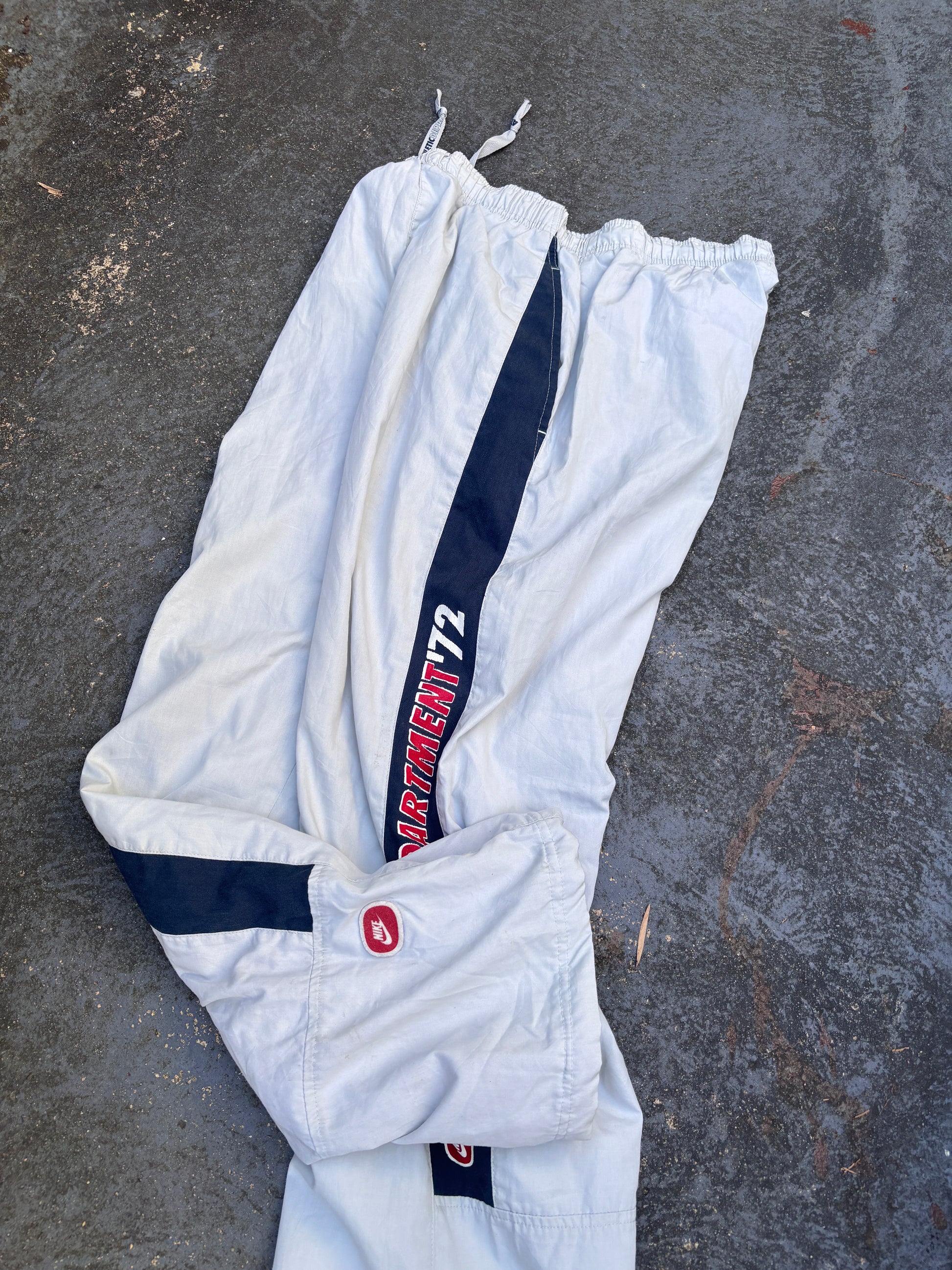 Vintage Y2K Nike Track Pants Size S Grey Navy Side Detail Spell Out Athletics 72 Wide Leg