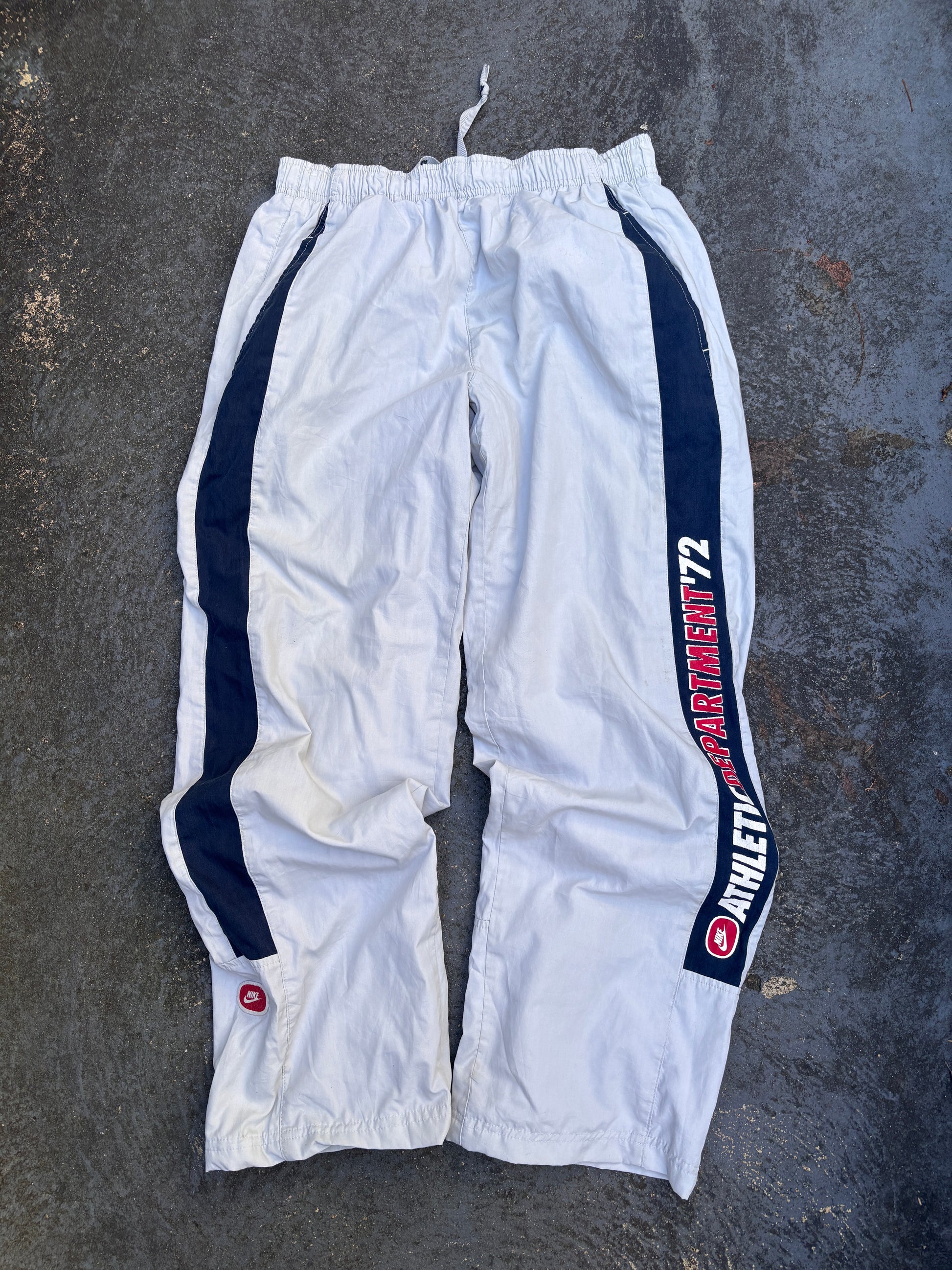 Vintage Y2K Nike Track Pants Size S Grey Navy Side Detail Spell Out Athletics 72 Wide Leg