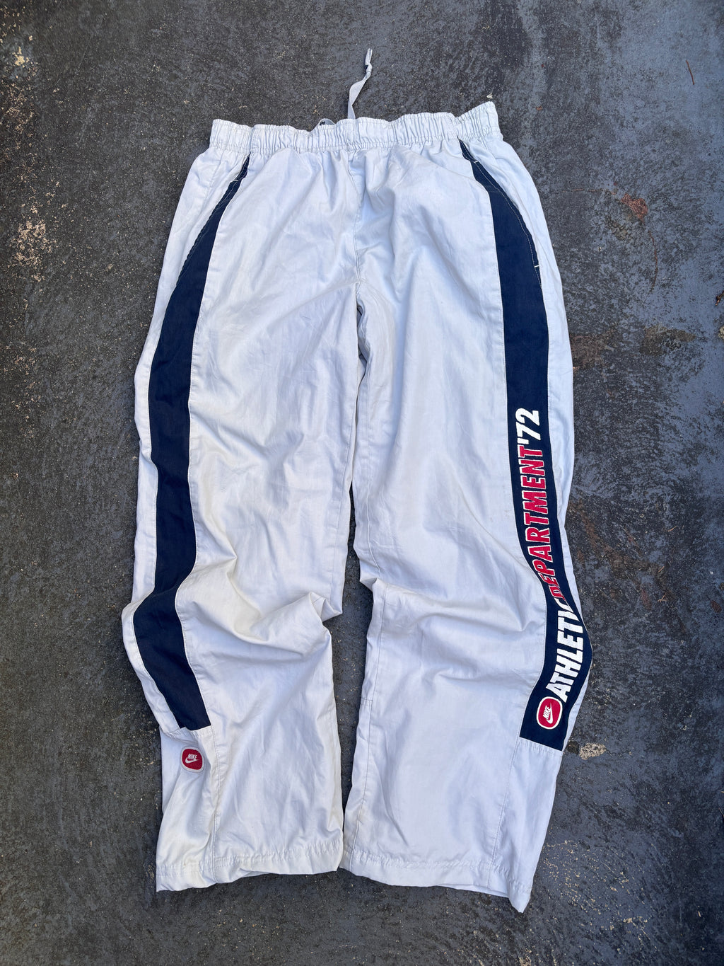 Vintage Y2K Nike Track Pants Size S Grey Navy Side Detail Spell Out Athletics 72 Wide Leg