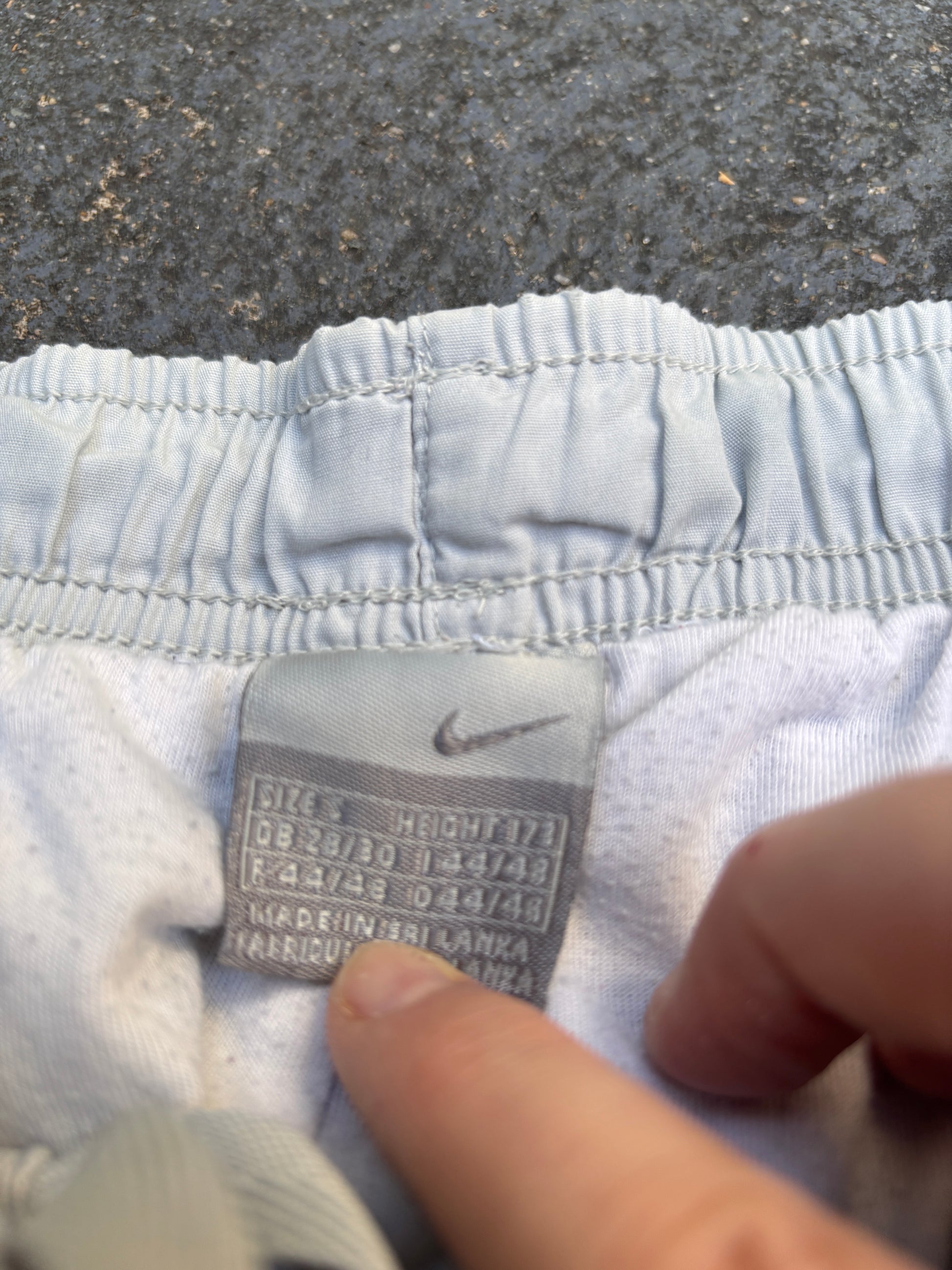 Vintage Y2K Nike Track Pants Size S Grey Navy Side Detail Spell Out Athletics 72 Wide Leg