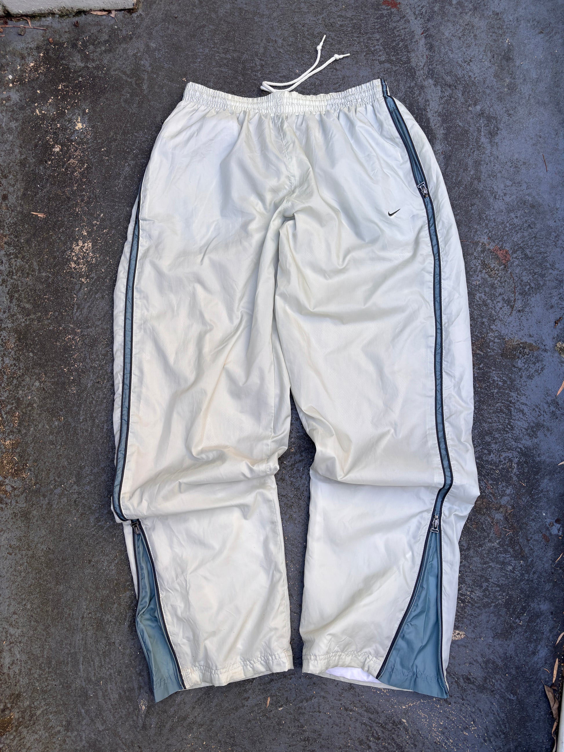 Vintage Y2K Nike Track Pants Size L Cream Green Side Detail Wide Leg Nylon Windbreakers