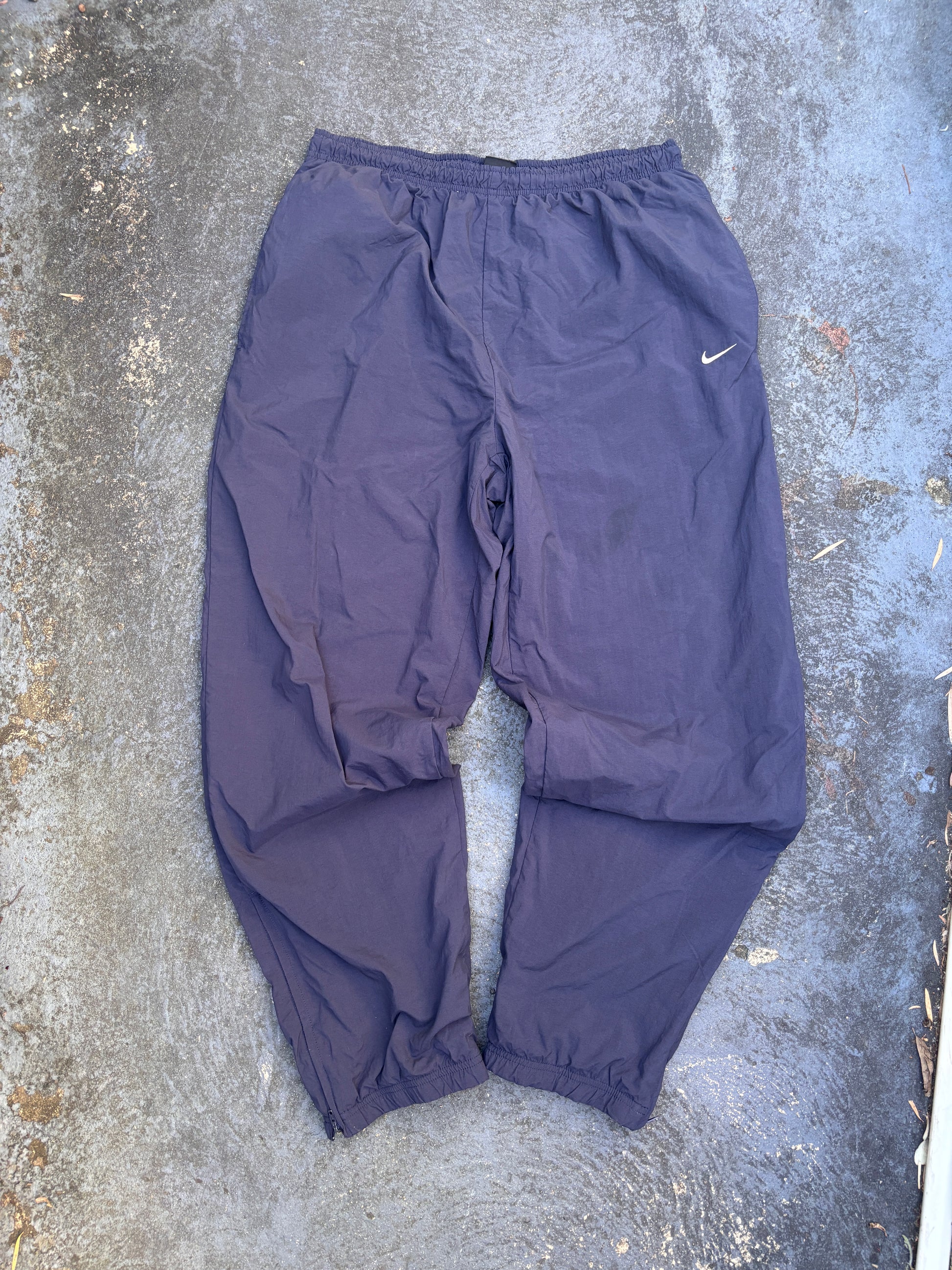 Vintage 90s Nike Track Pants Size L Navy White Swoosh Wide Leg Ankle Zip