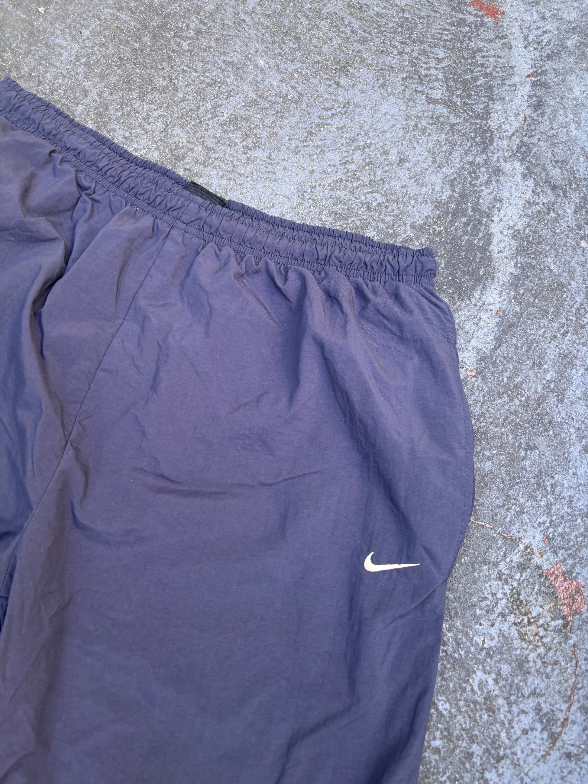 Vintage 90s Nike Track Pants Size L Navy White Swoosh Wide Leg Ankle Zip