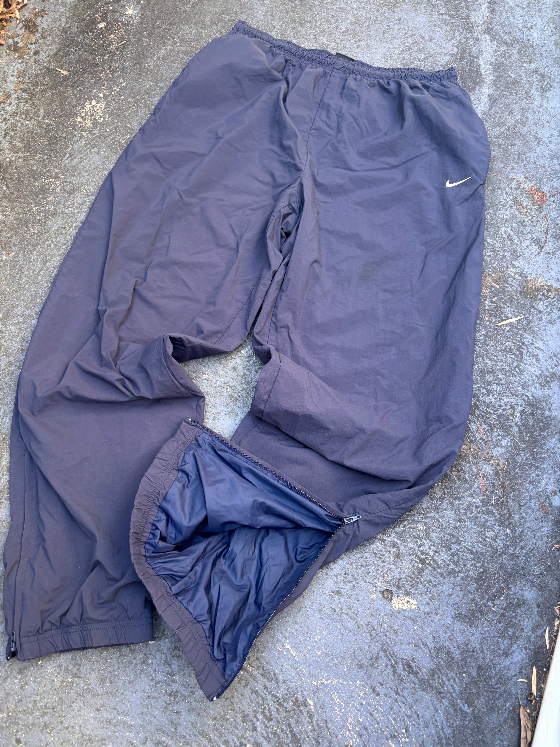 Vintage 90s Nike Track Pants Size L Navy White Swoosh Wide Leg Ankle Zip