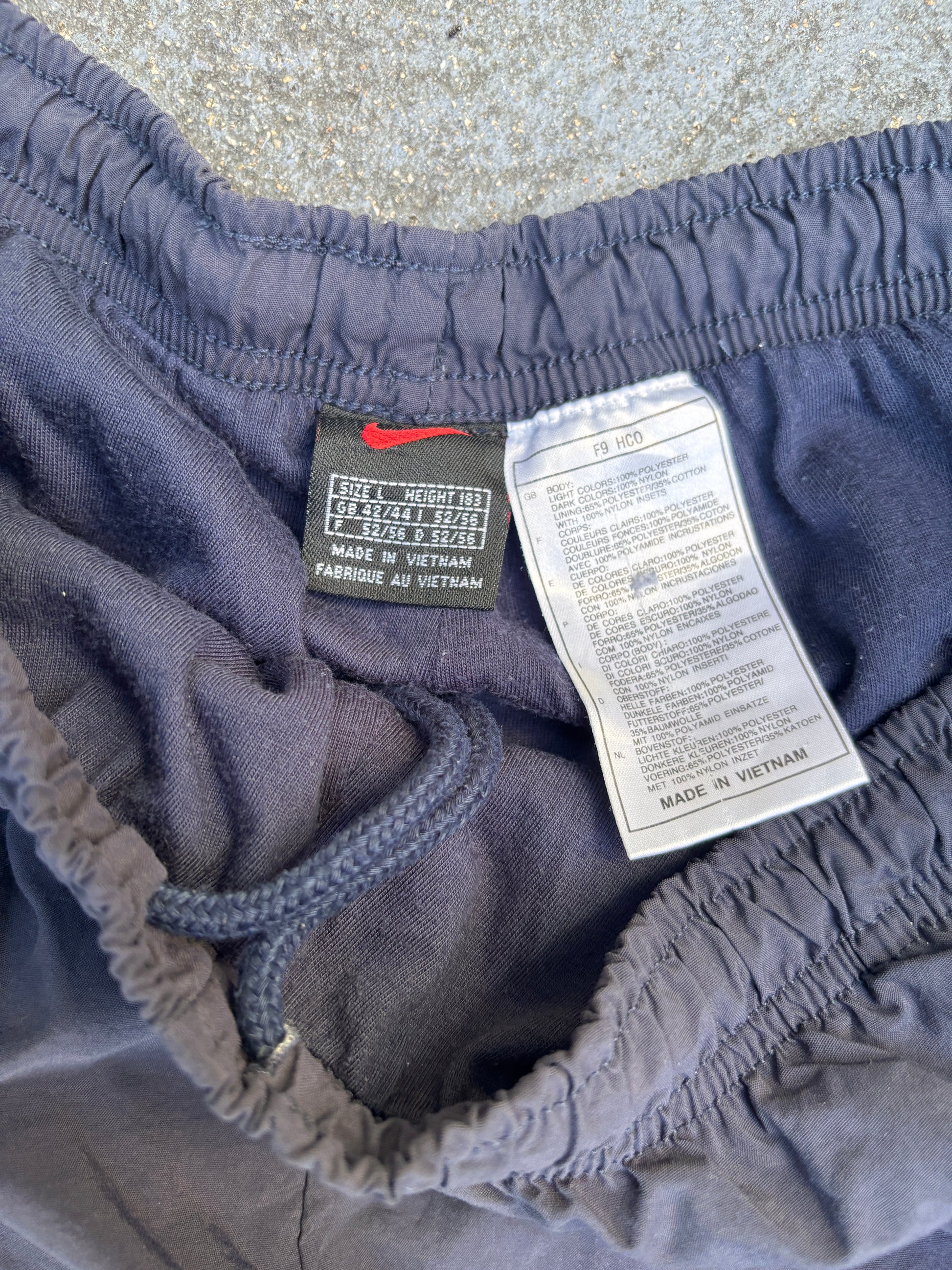 Vintage 90s Nike Track Pants Size L Navy White Swoosh Wide Leg Ankle Zip