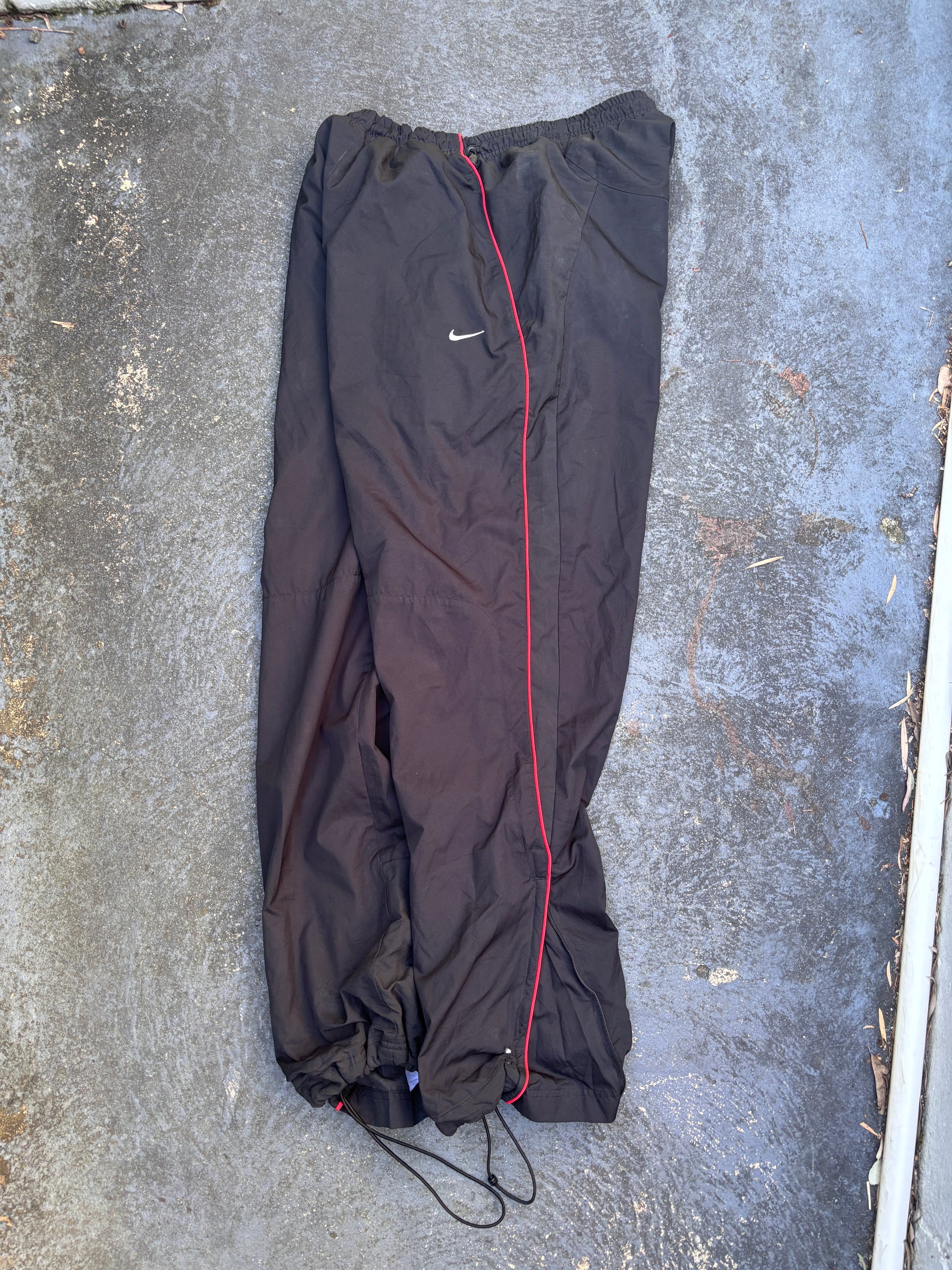 Vintage Y2K Nike Track Pants Size XL Black Red Piping Wide Leg Ankle Zip Bungee Ties