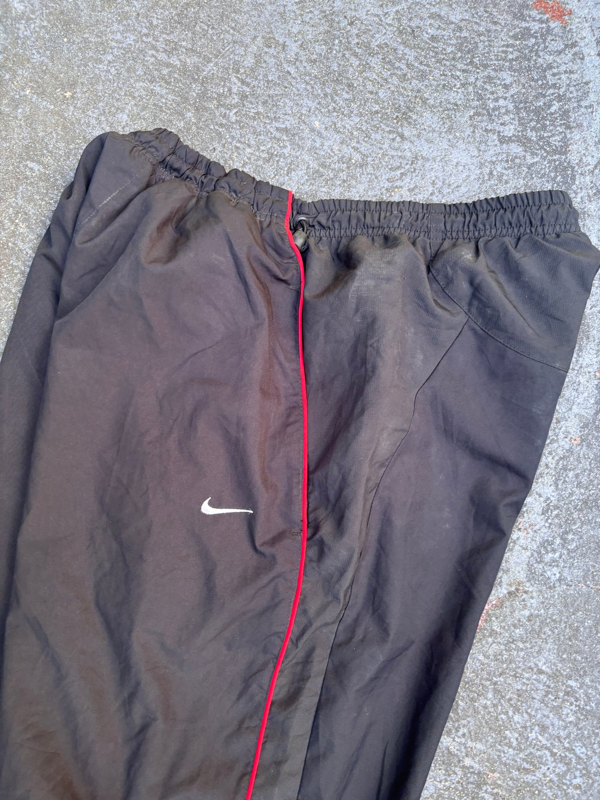 Vintage Y2K Nike Track Pants Size XL Black Red Piping Wide Leg Ankle Zip Bungee Ties