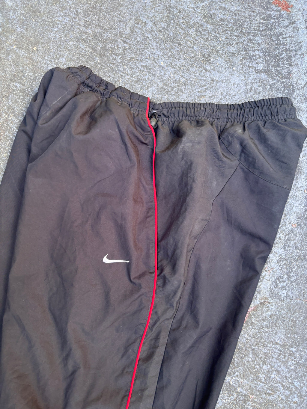 Vintage Y2K Nike Track Pants Size XL Black Red Piping Wide Leg Ankle Zip Bungee Ties
