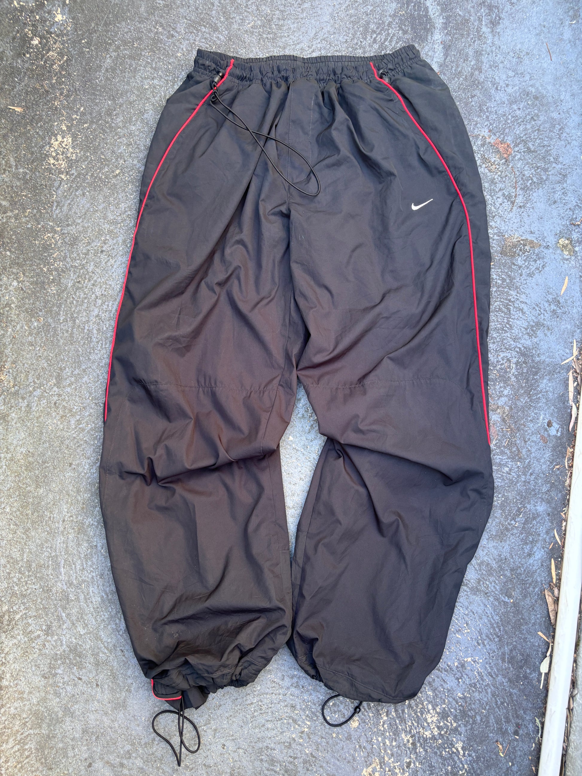 Vintage Y2K Nike Track Pants Size XL Black Red Piping Wide Leg Ankle Zip Bungee Ties