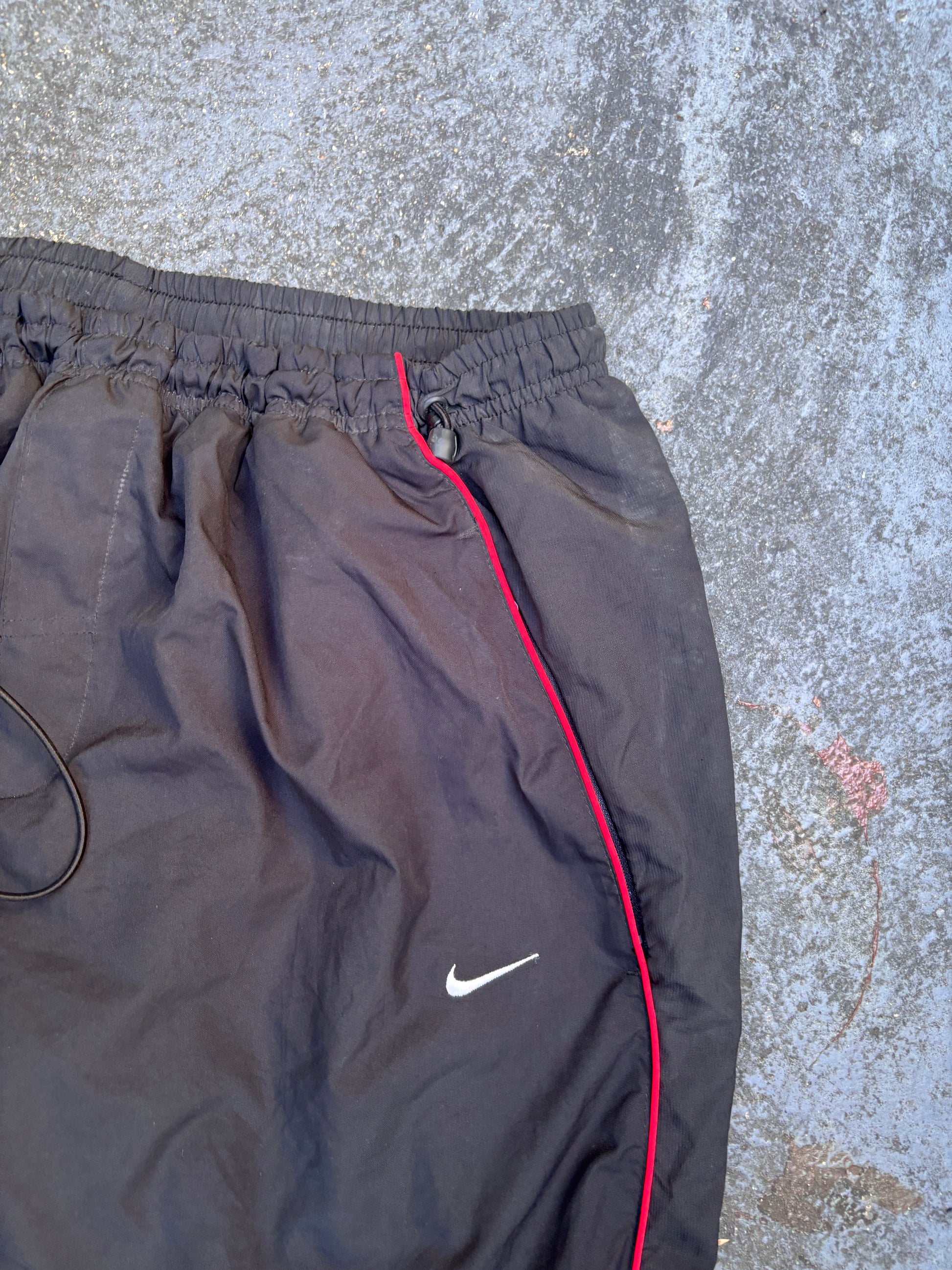 Vintage Y2K Nike Track Pants Size XL Black Red Piping Wide Leg Ankle Zip Bungee Ties