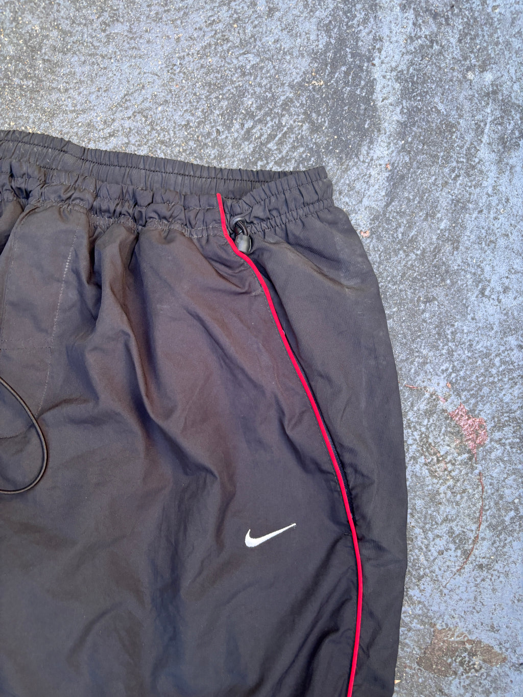 Vintage Y2K Nike Track Pants Size XL Black Red Piping Wide Leg Ankle Zip Bungee Ties