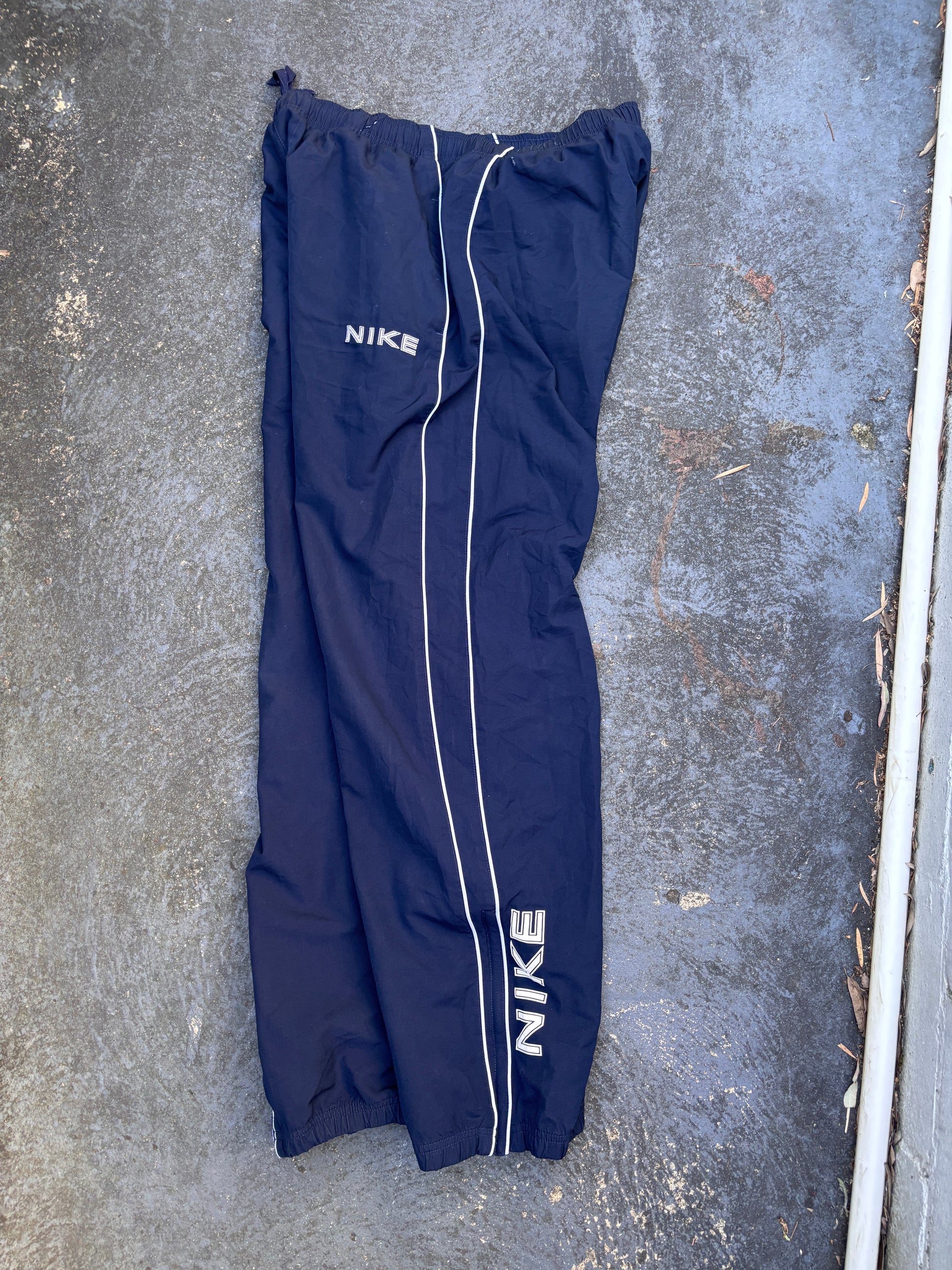 Vintage Y2K Nike Track Pants Size L Navy White Piping Double Spell Out Wide Leg Ankle Zip