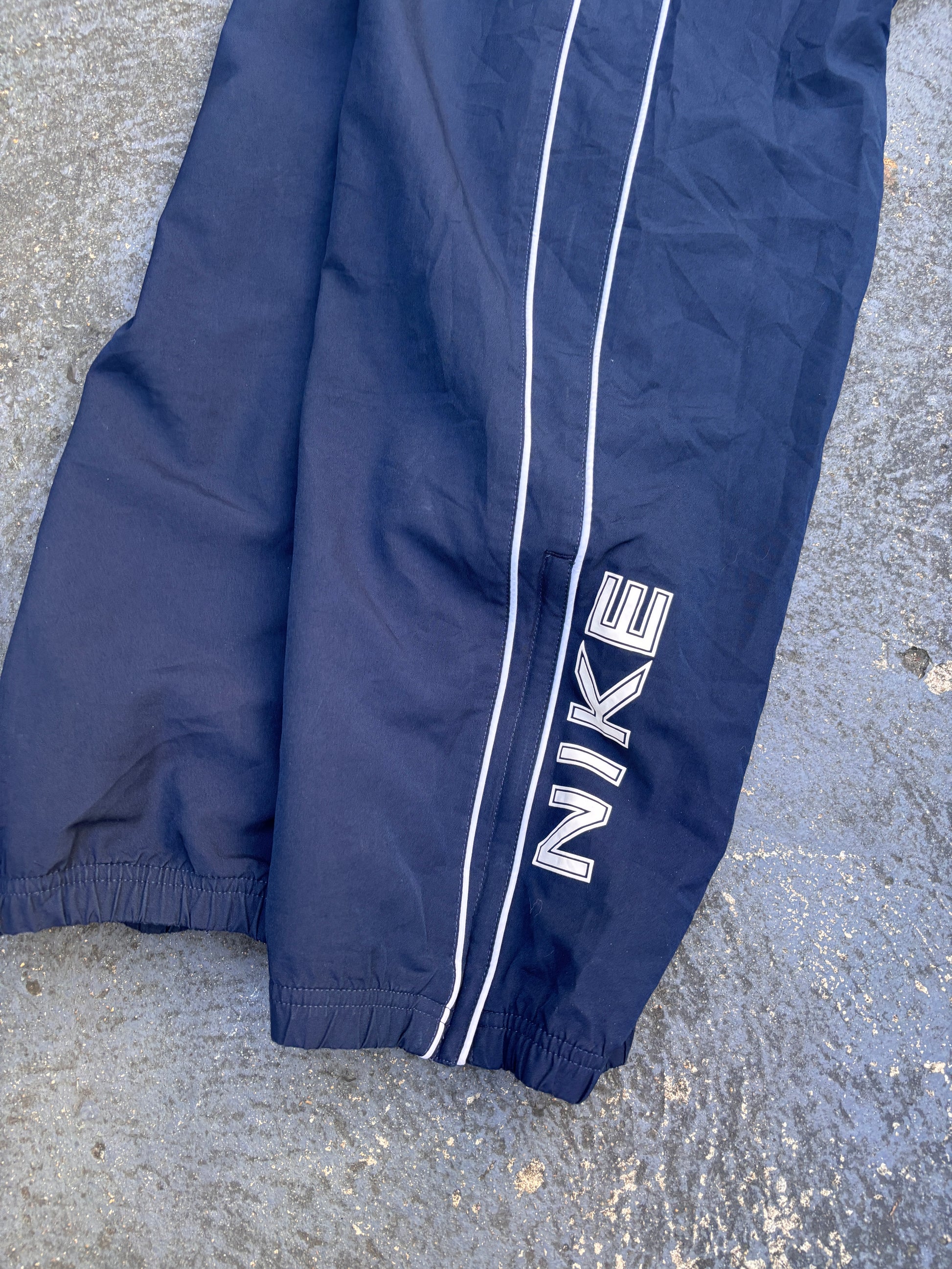 Vintage Y2K Nike Track Pants Size L Navy White Piping Double Spell Out Wide Leg Ankle Zip