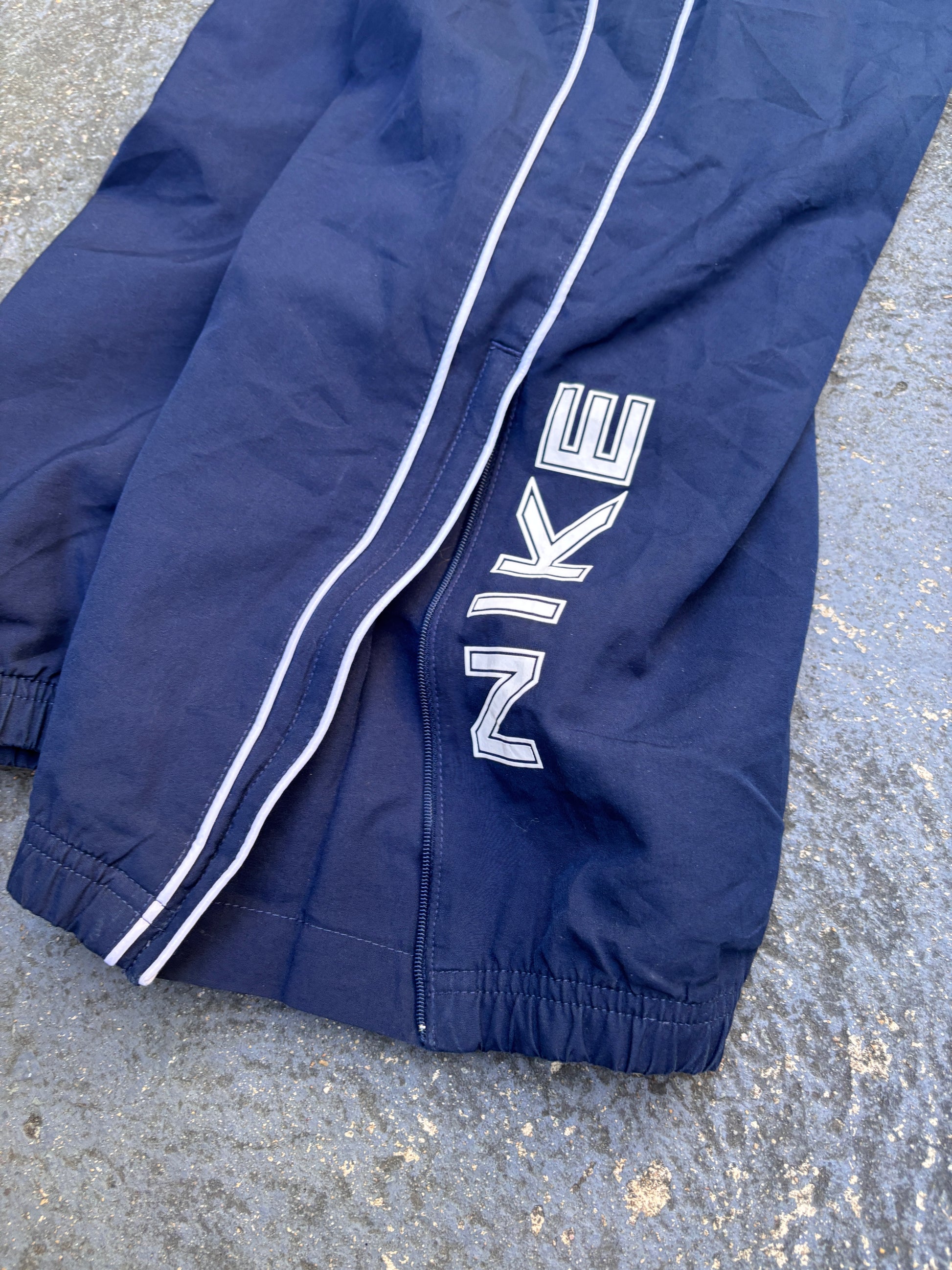 Vintage Y2K Nike Track Pants Size L Navy White Piping Double Spell Out Wide Leg Ankle Zip