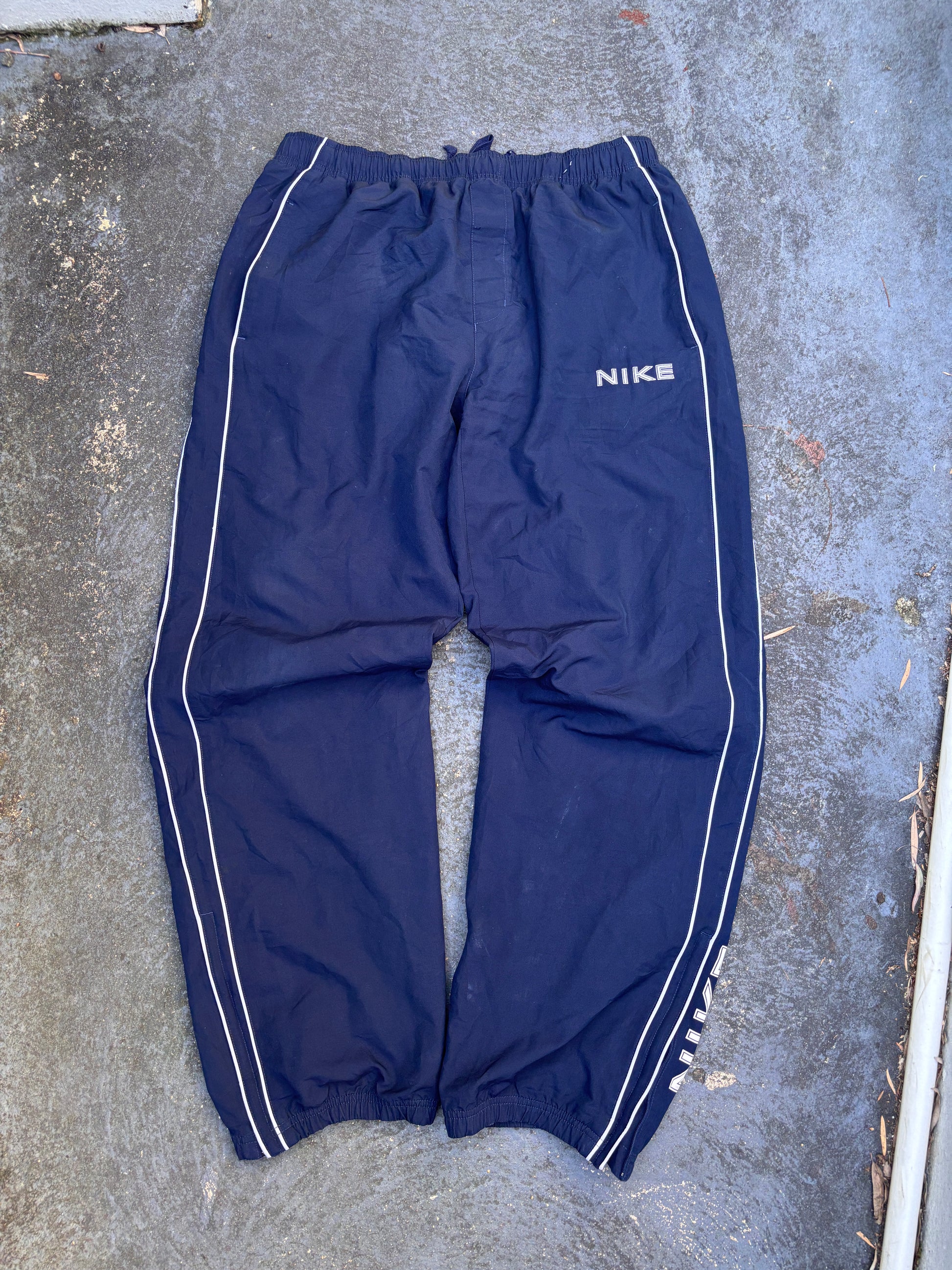 Vintage Y2K Nike Track Pants Size L Navy White Piping Double Spell Out Wide Leg Ankle Zip