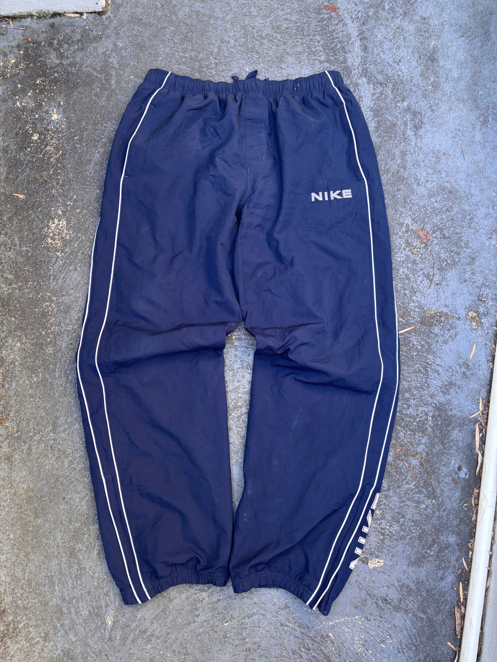 Vintage Y2K Nike Track Pants Size L Navy White Piping Double Spell Out Wide Leg Ankle Zip