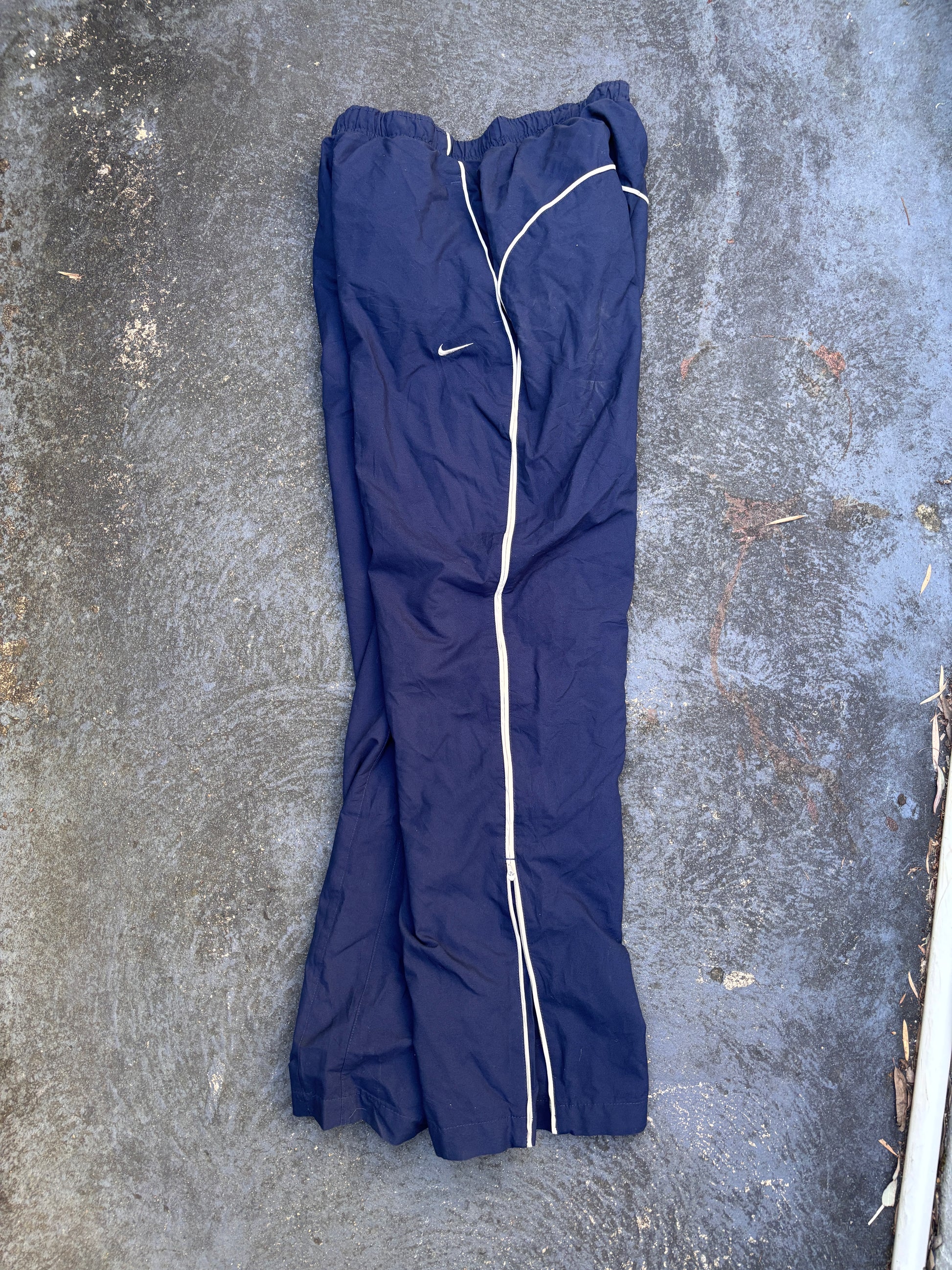 Vintage Y2K Nike Track Pants Size M Navy Beige Piping Wide Leg Ankle Zip Classic