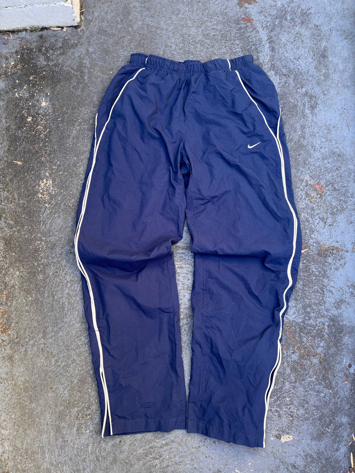Vintage Y2K Nike Track Pants Size M Navy Beige Piping Wide Leg Ankle Zip Classic