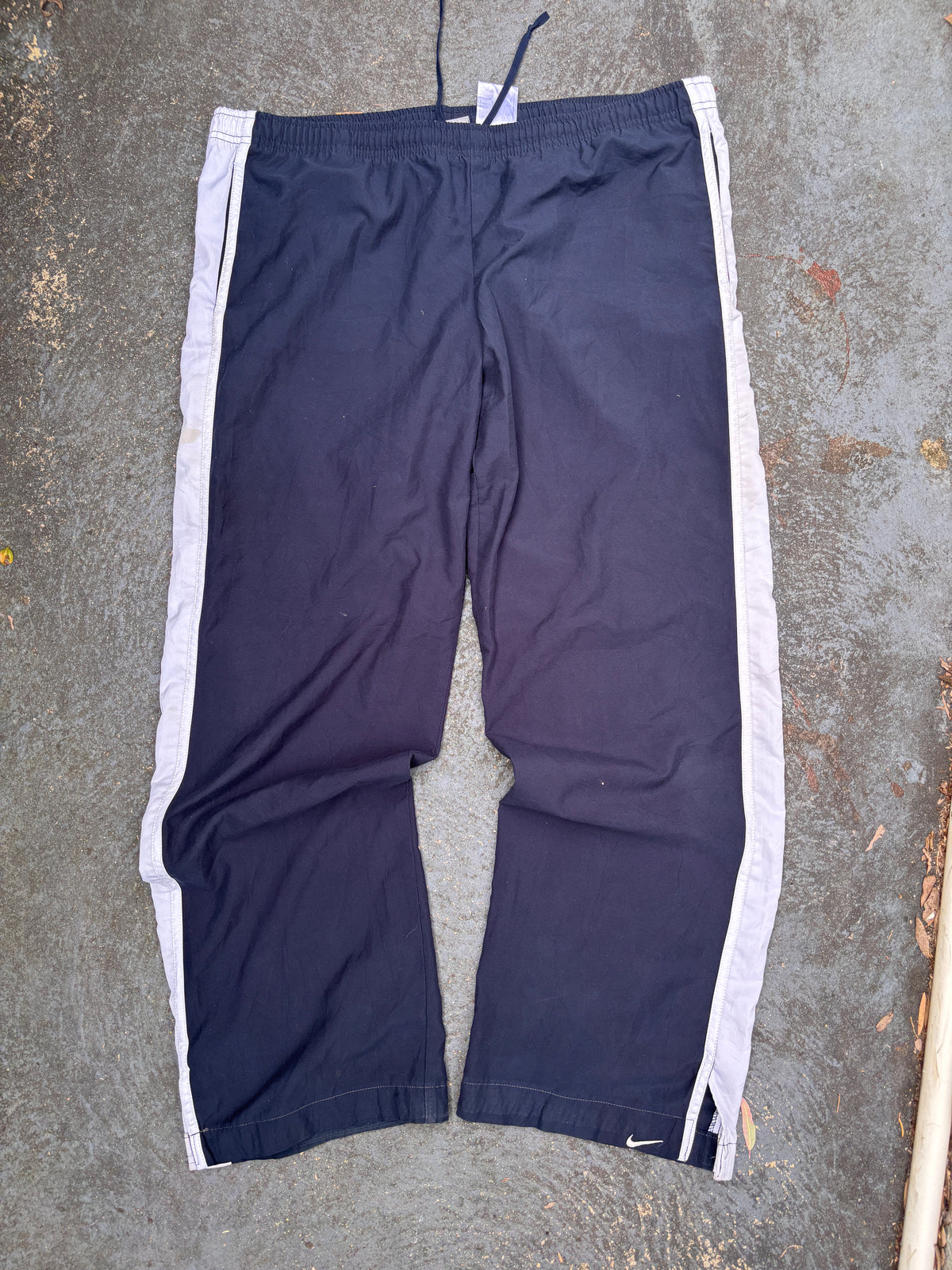 Vintage Y2K Nike Track Pants Womens L Navy White Sides Ankle Swoosh Slit