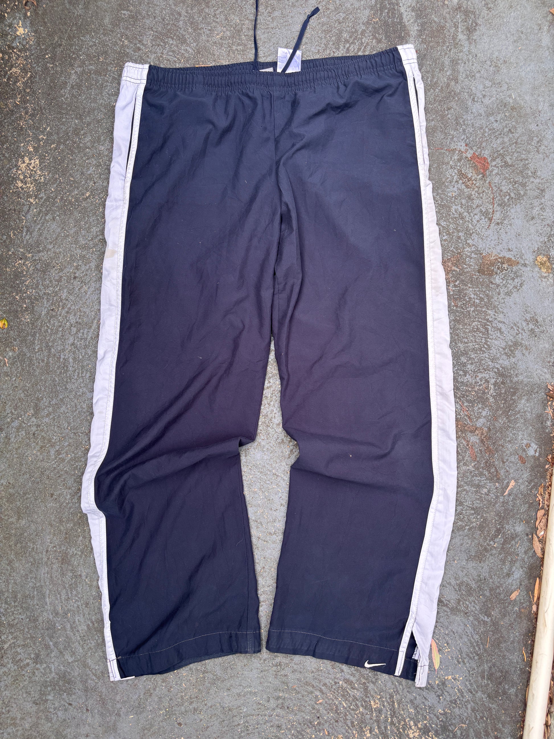 Vintage Y2K Nike Track Pants Womens L Navy White Sides Ankle Swoosh Slit