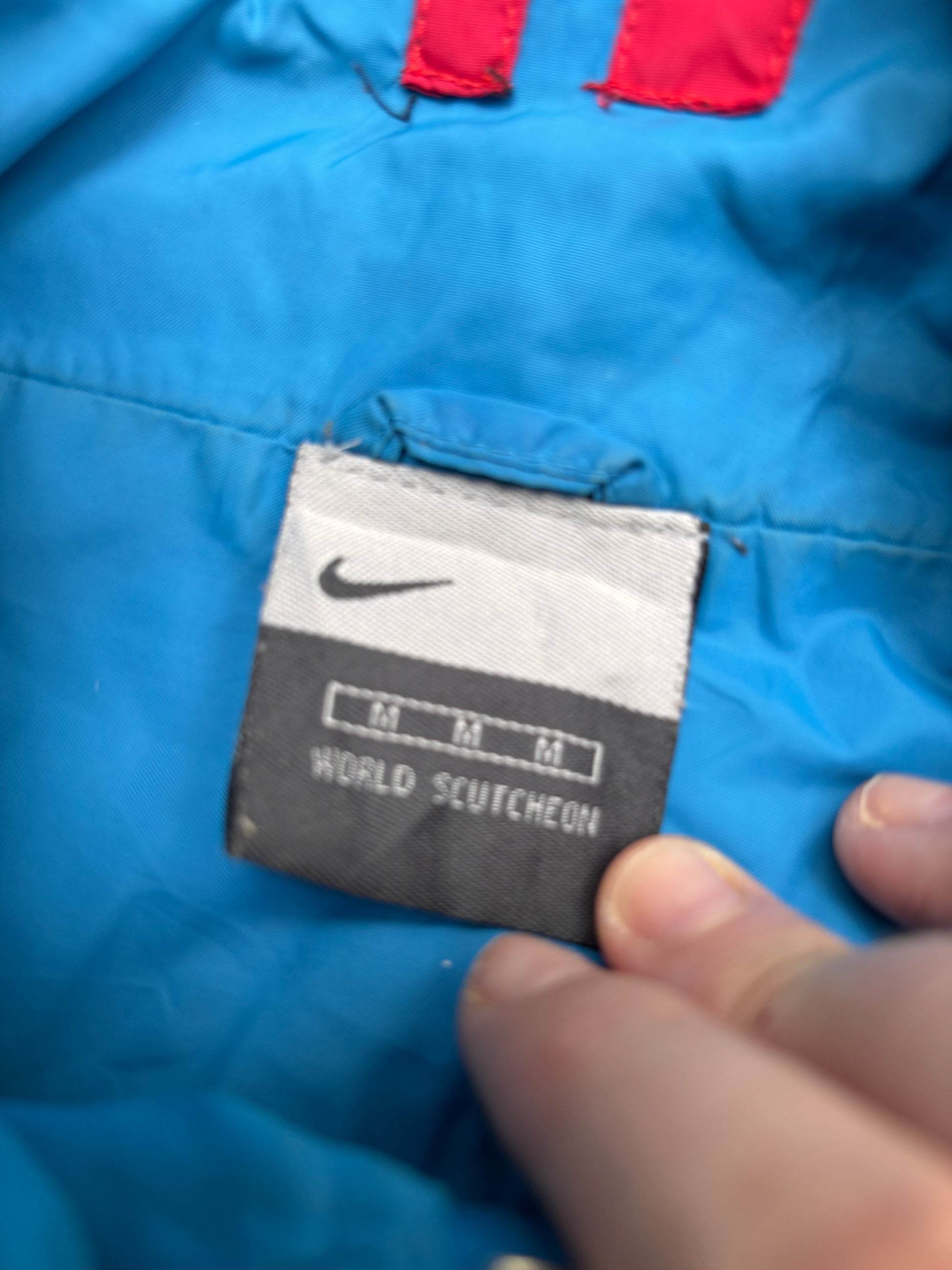 Vintage Y2K Nike Jacket Size M Blue Spell Out Swoosh Logo Nylon Windbreaker