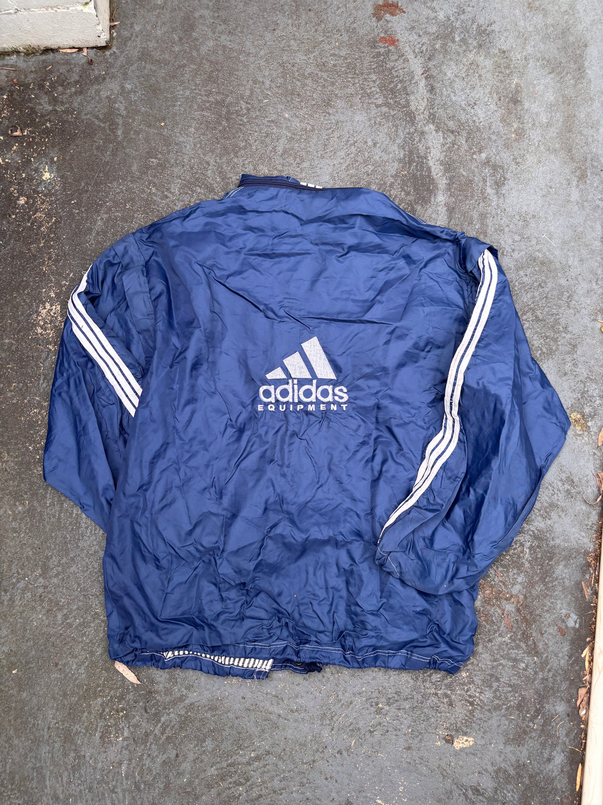 Vintage 90s Adidas Equiptment Jacket Size M Navy White Large Logo Nylon Zip Off Windbreaker